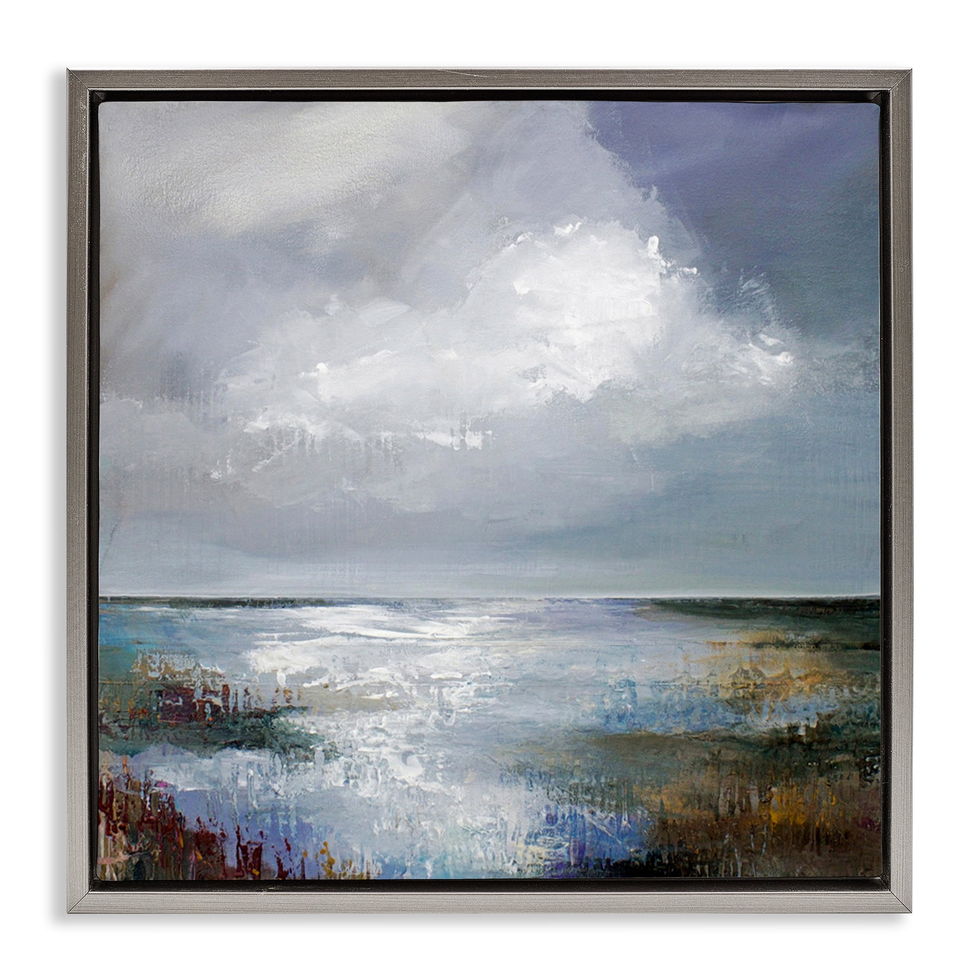 Stupell Industries Sun Reflection Ocean Surface Landscape & Nature Painting Gray Floater Framed Canvas Art Print Wall Art, 18 x 18