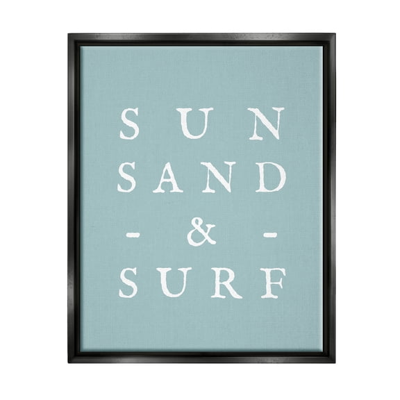 Stupell Industries Sun Sand & Surf Phrase Inspirational Painting Black Floater Framed Canvas Art Print Wall Art, 17 x 21