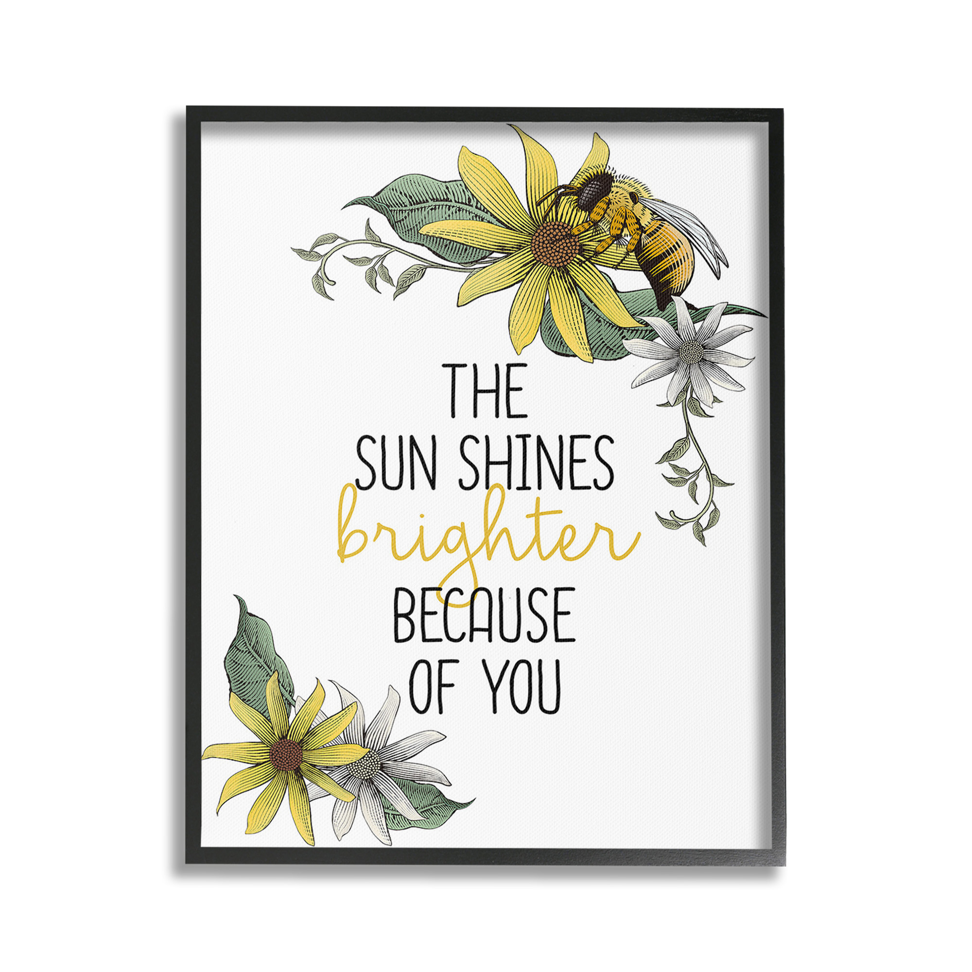 Stupell Industries Sun Shines Brighter Botanical & Floral Painting Black Framed Art Print Wall Art, 16 x 20