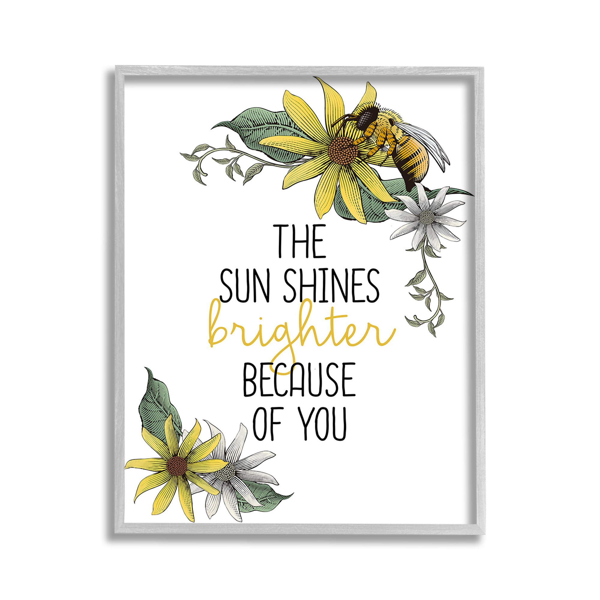 Stupell Industries Sun Shines Brighter Botanical & Floral Painting Gray Framed Art Print Wall Art, 11 x 14