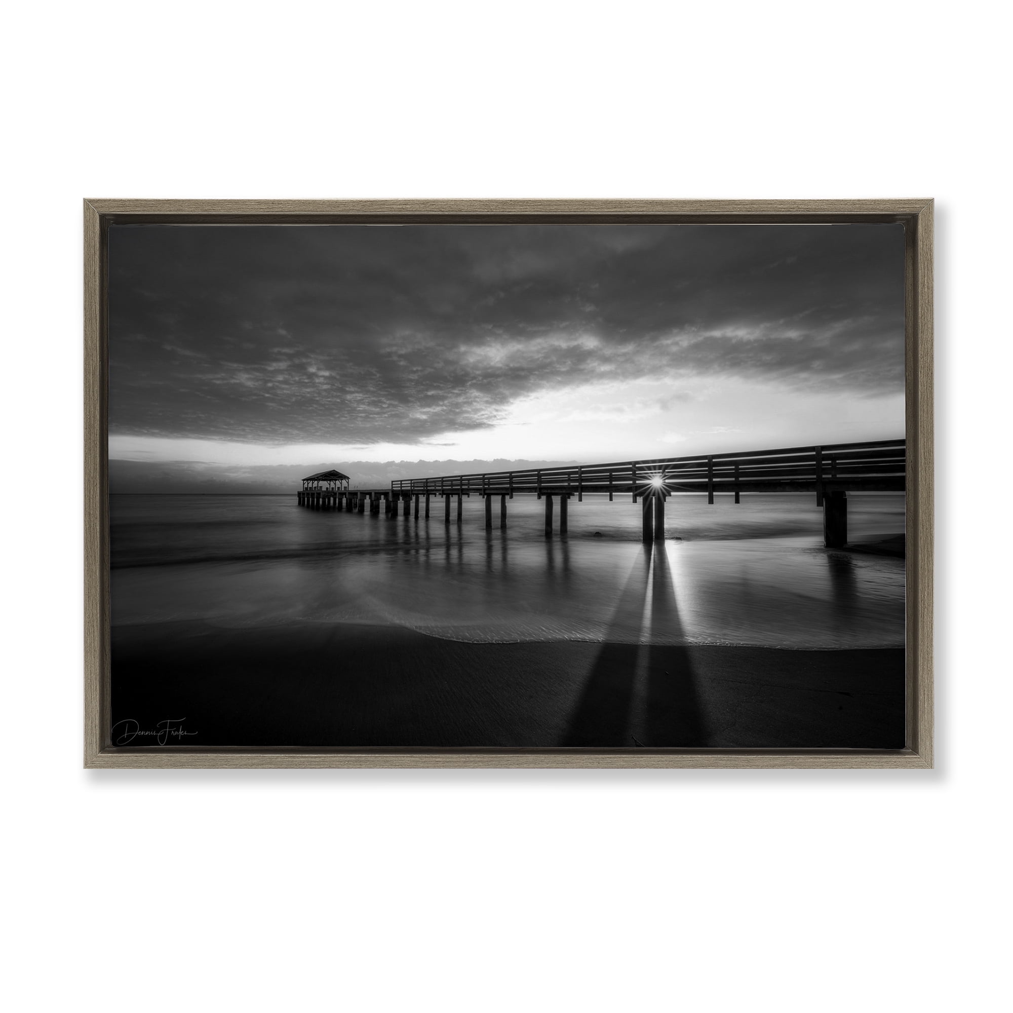 Stupell Industries Sun Shining Through Dock Landscape Photography Brown Floater Framed Canvas Art Print Wall Art, 25 x 17