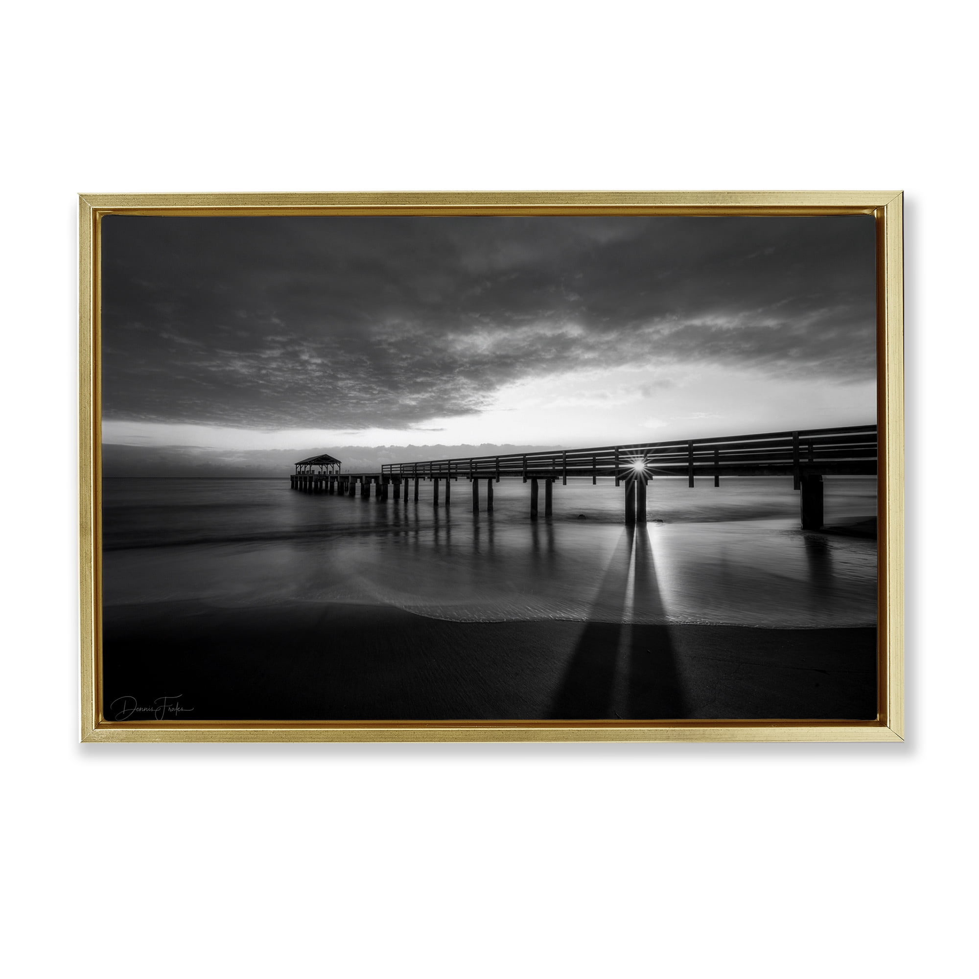 Stupell Industries Sun Shining Through Dock Landscape Photography Gold Floater Framed Canvas Art Print Wall Art, 25 x 17