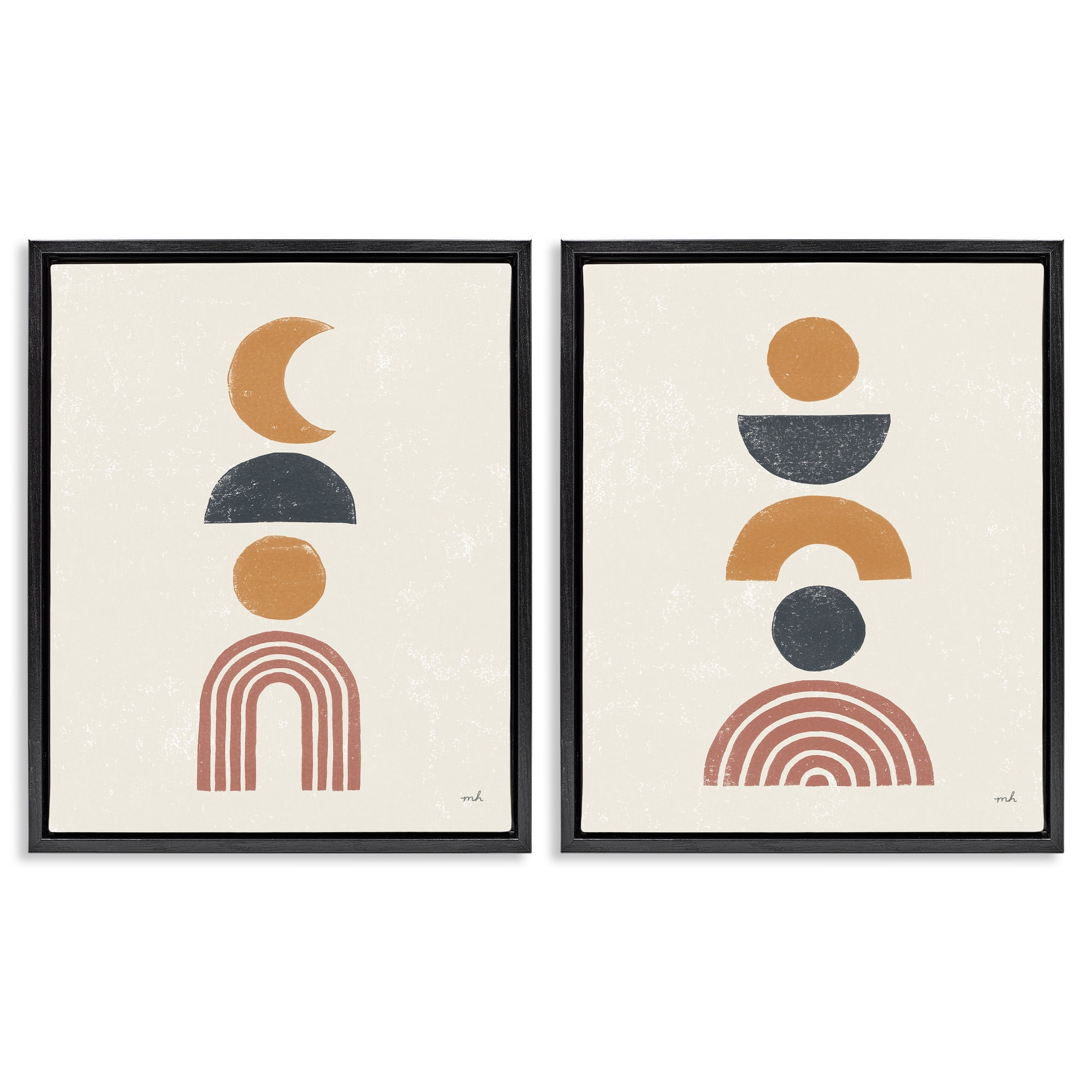 Stupell Industries Sun and Moon Bohemian Symbols Abstract Painting Black Floater Framed Canvas Art Print Wall Art, 17 x 21, Set of 2