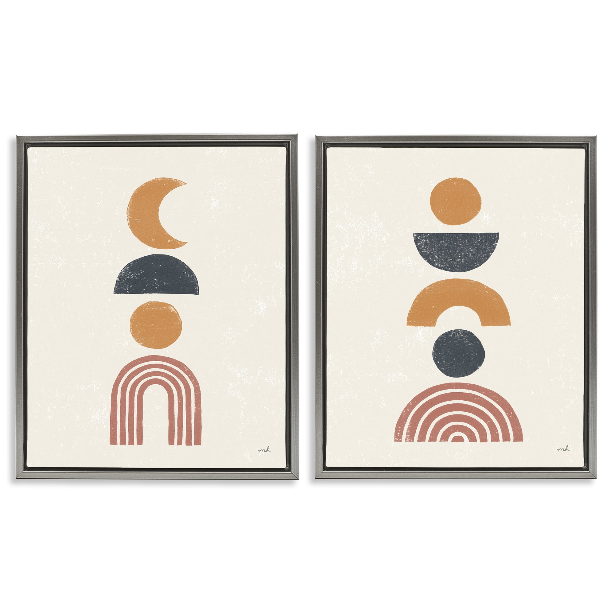 Stupell Industries Sun and Moon Bohemian Symbols Abstract Painting Gray Floater Framed Canvas Art Print Wall Art, 25 x 31, Set of 2