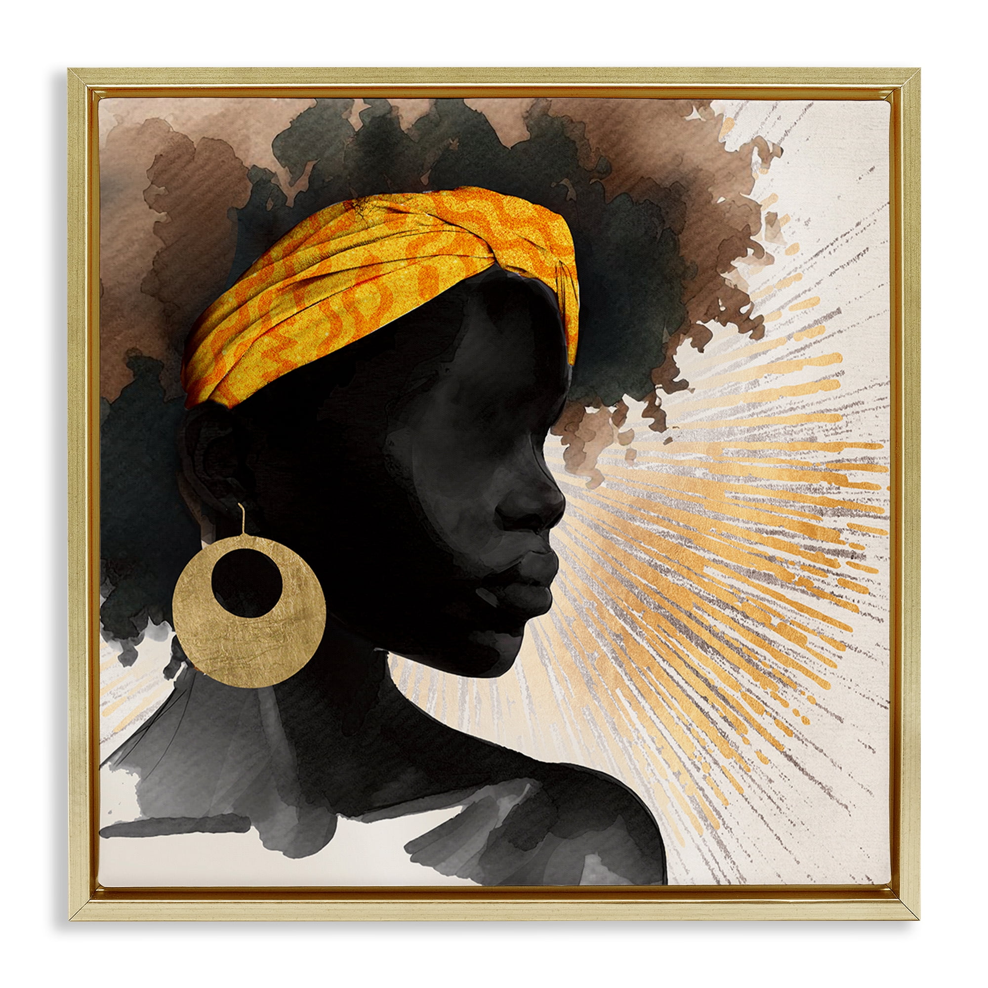 Stupell Industries Sunburst Silhouette with Headwrap Gold Framed Floater Canvas Wall Art, design by CAD Designs