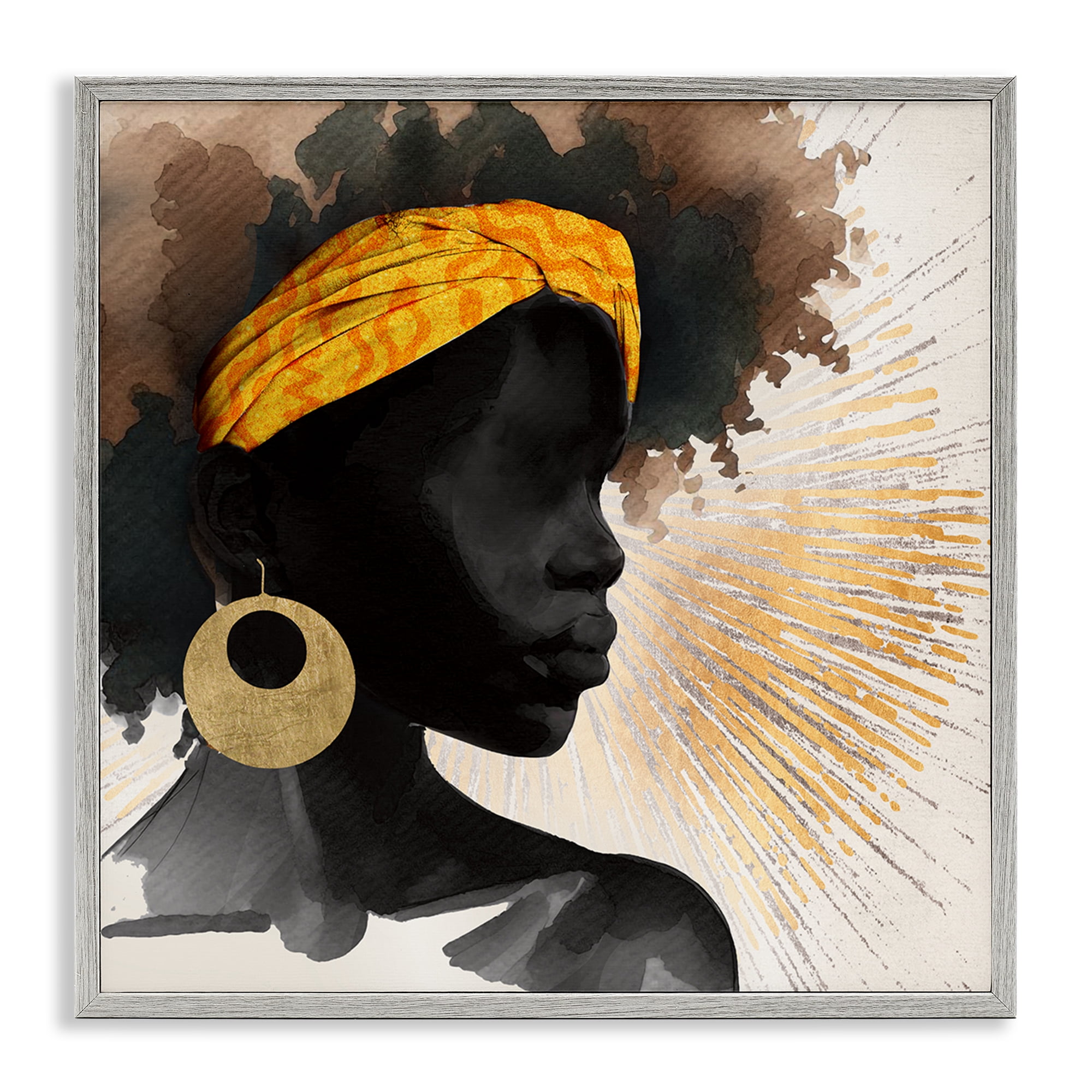 Stupell Industries Sunburst Silhouette with Headwrap Gray Framed Giclee Art, design by CAD Designs