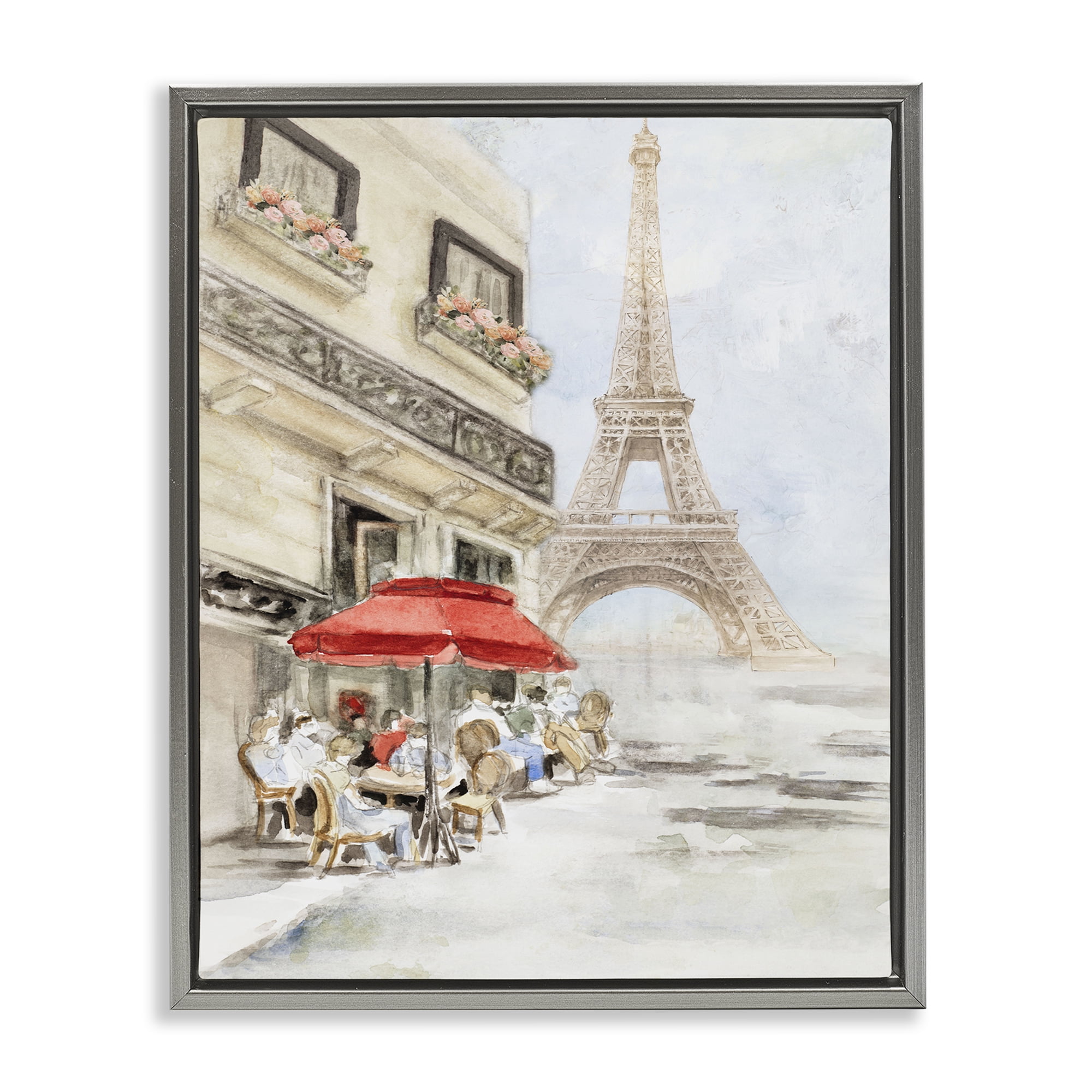Stupell Industries Sunday Lunch Eiffel Tower Scenic & Cityscapes Painting Gray Floater Framed Canvas Art Print Wall Art, 17 x 21