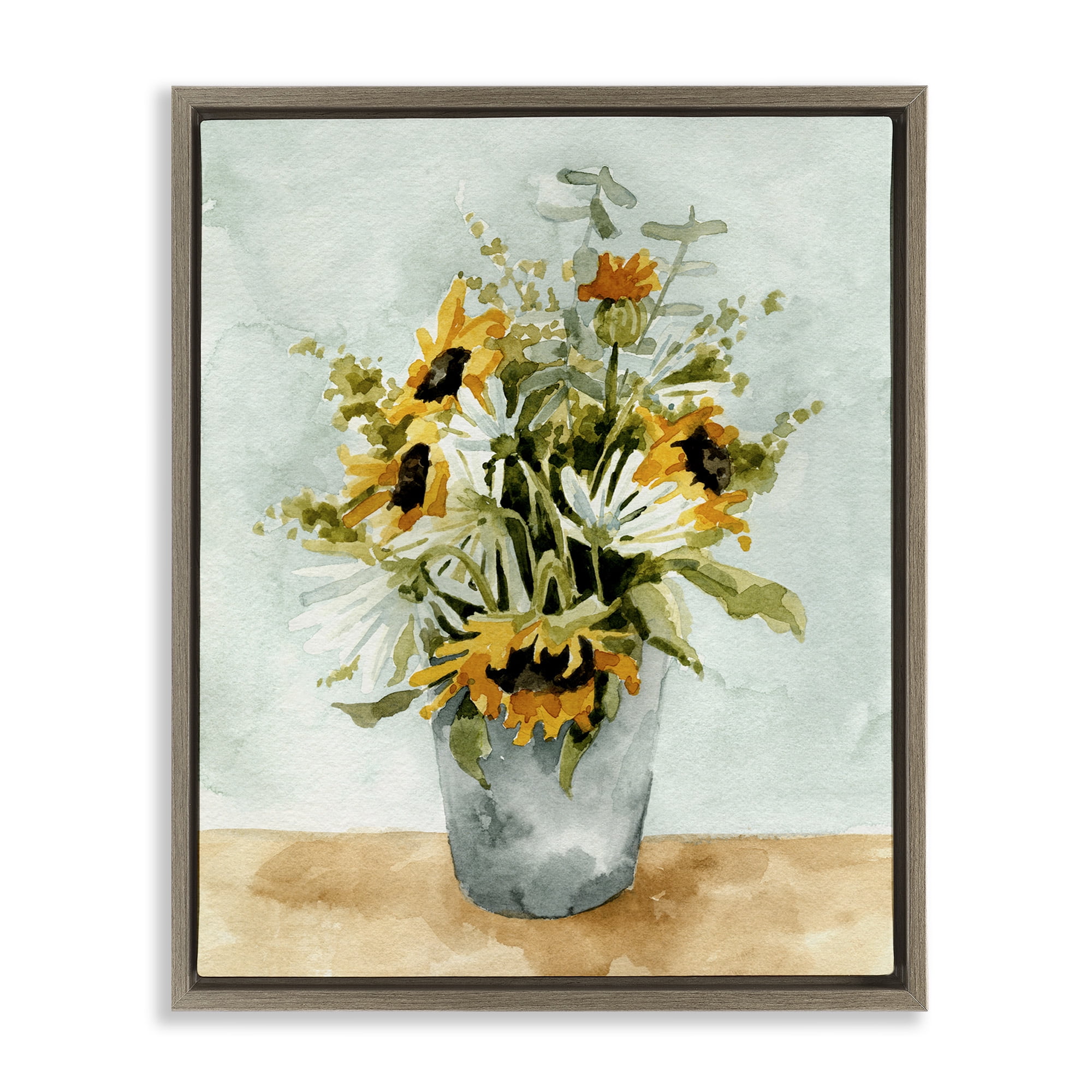 Stupell Industries Sunflower Blossom Watercolor Detail Botanical & Floral Painting Brown Floater Framed Canvas Art Print Wall Art, 25 x 31