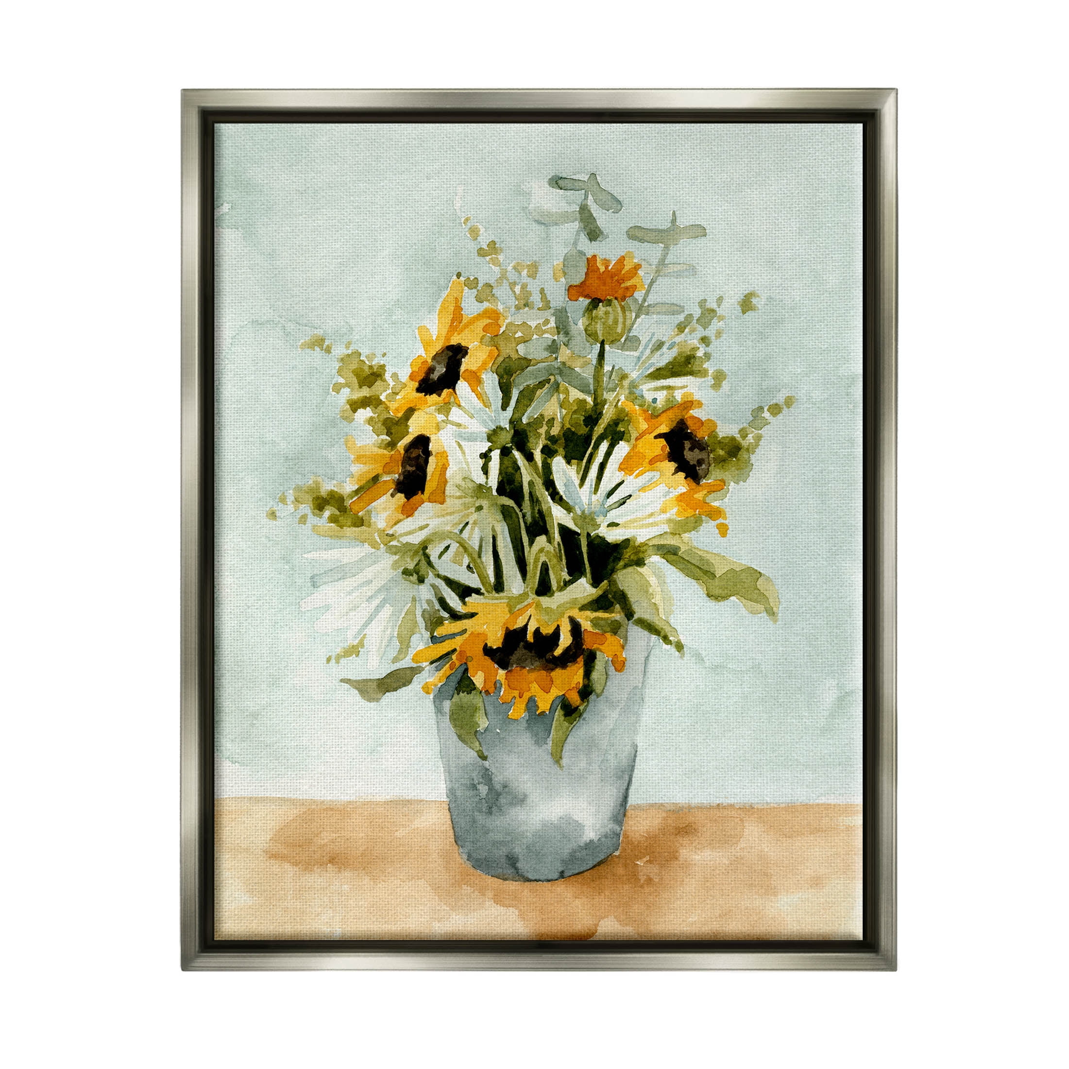 Stupell Industries Sunflower Blossom Watercolor Detail Painting Luster Gray Floating Framed Canvas Print Wall Art, Design by Emma Caroline