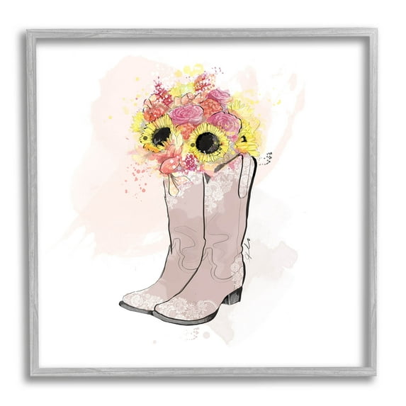 Stupell Industries Sunflower Bouquet Cowboy Boots Graphic Art Gray Framed Art Print Wall Art, Design by Alison Petrie
