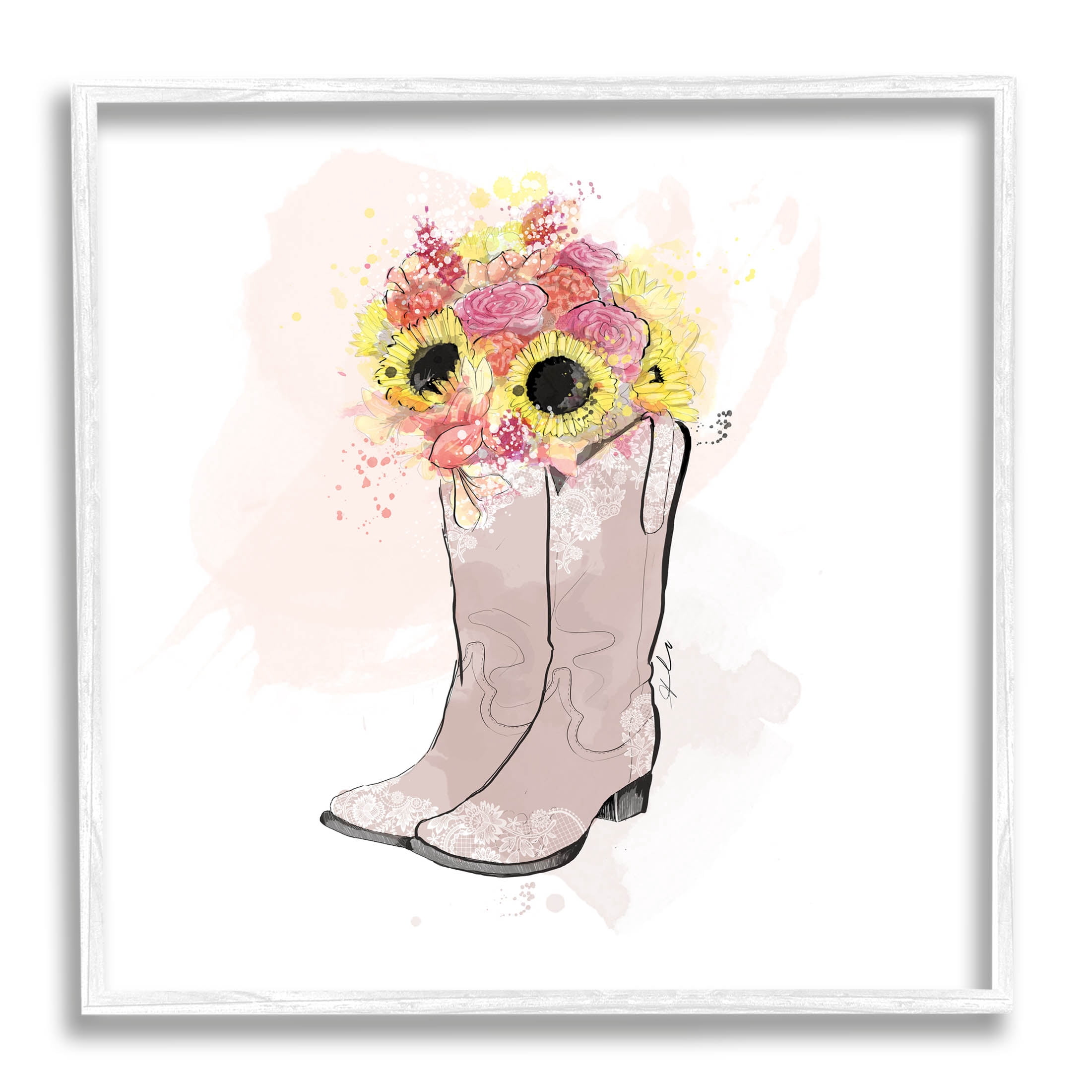 Stupell Industries Sunflower Bouquet Cowboy Boots Graphic Art White Framed Art Print Wall Art, Design by Alison Petrie