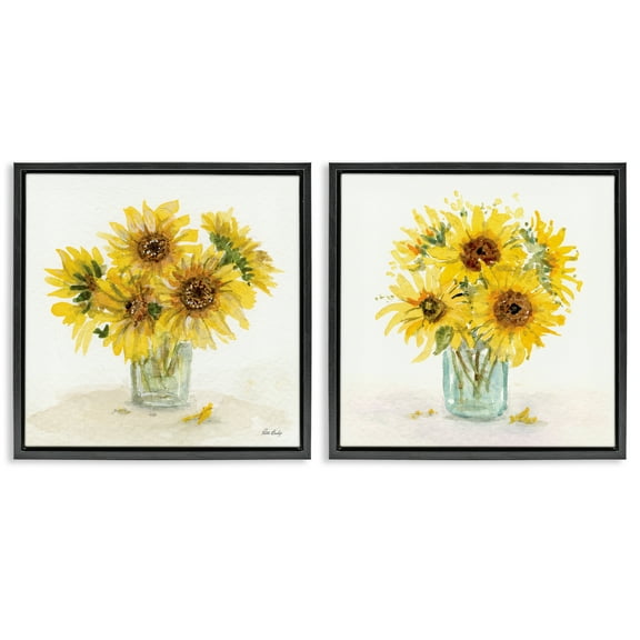 Stupell Industries Sunflower Bouquet Jar Plants & Flowers Painting Black Floater Framed Canvas Art Print Wall Art, 18 x 18, Set of 2