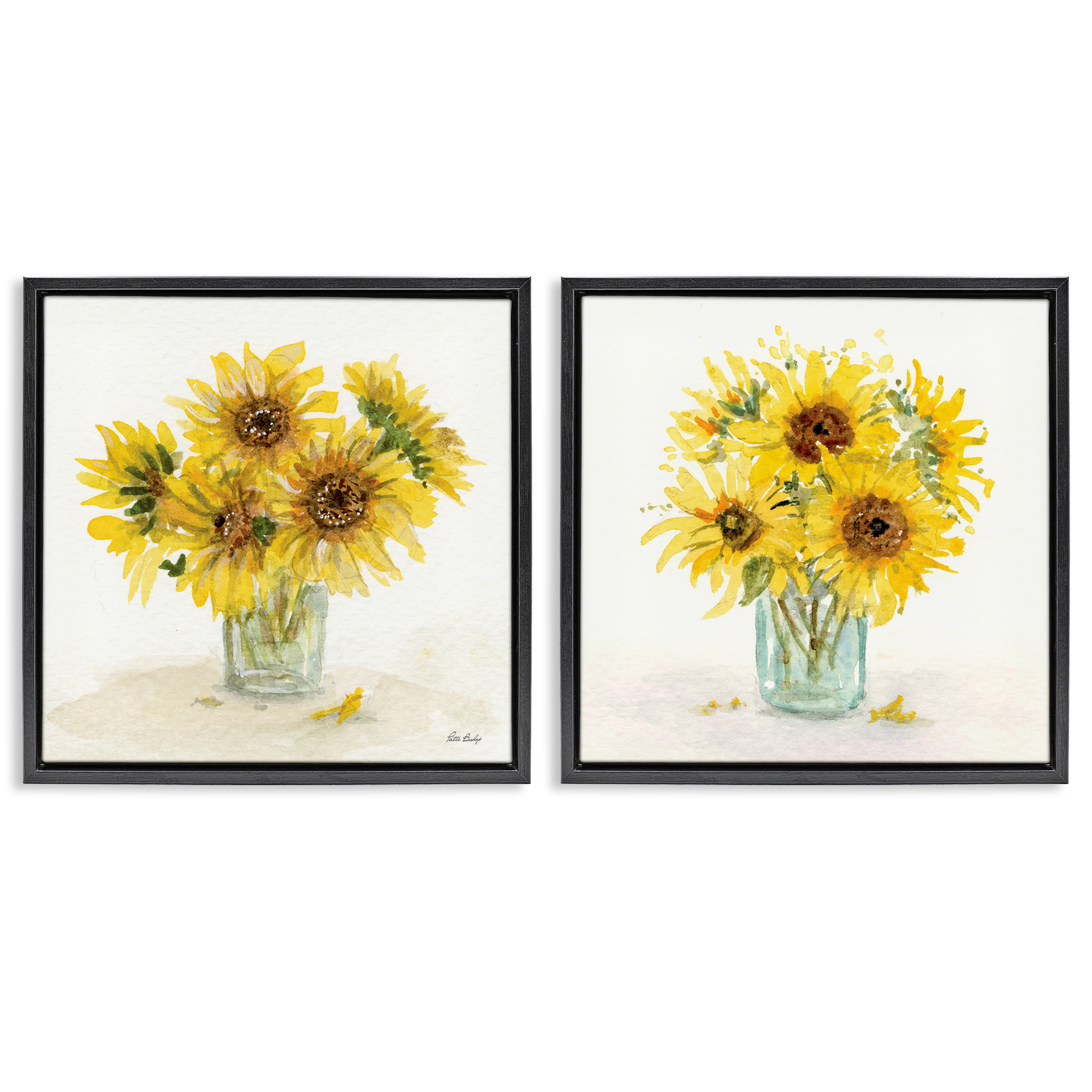 Stupell Industries Sunflower Bouquet Jar Plants & Flowers Painting Black Floater Framed Canvas Art Print Wall Art, 25 x 25, Set of 2