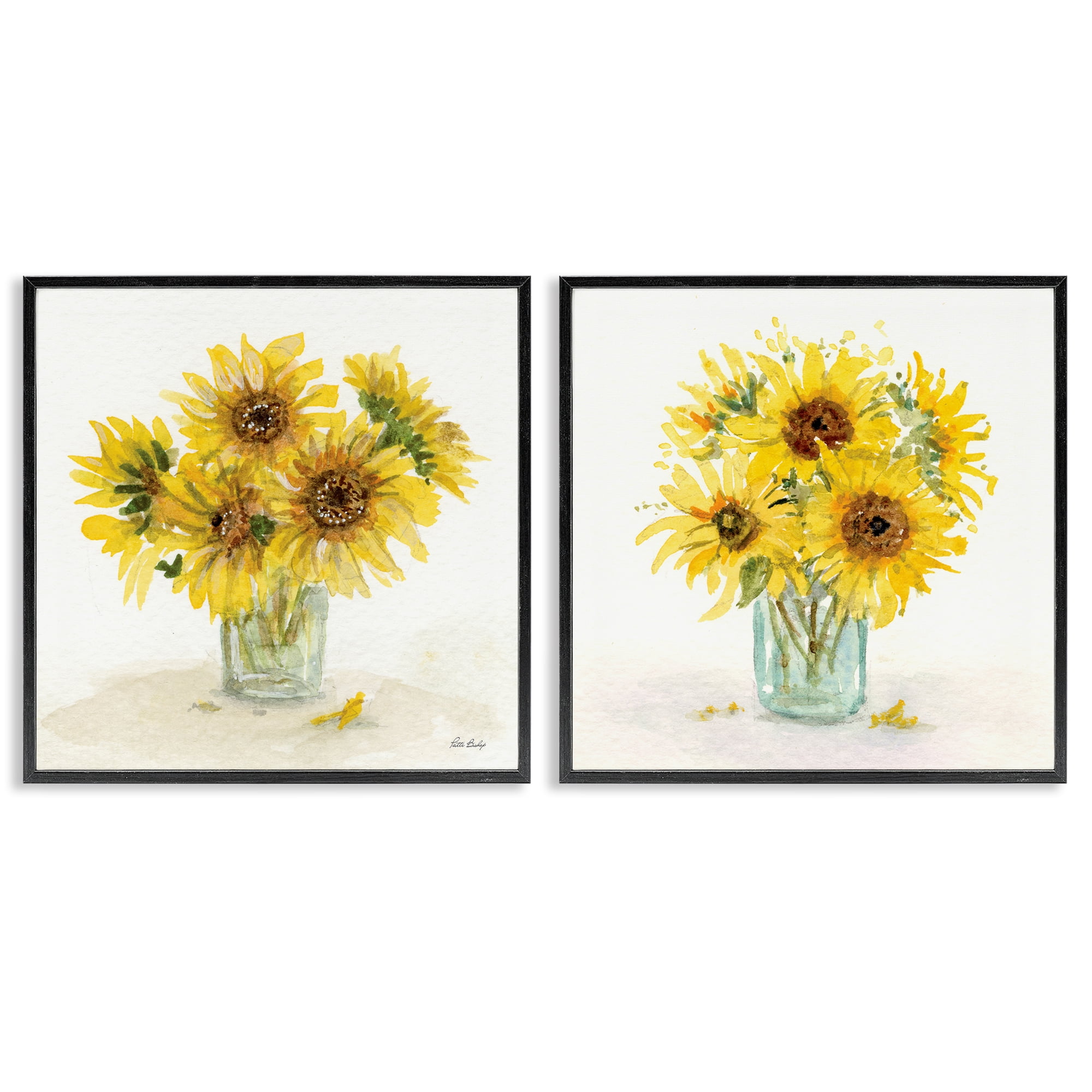 Stupell Industries Sunflower Bouquet Jar Plants & Flowers Painting Black Framed Art Print Wall Art, 12 x 12, Set of 2