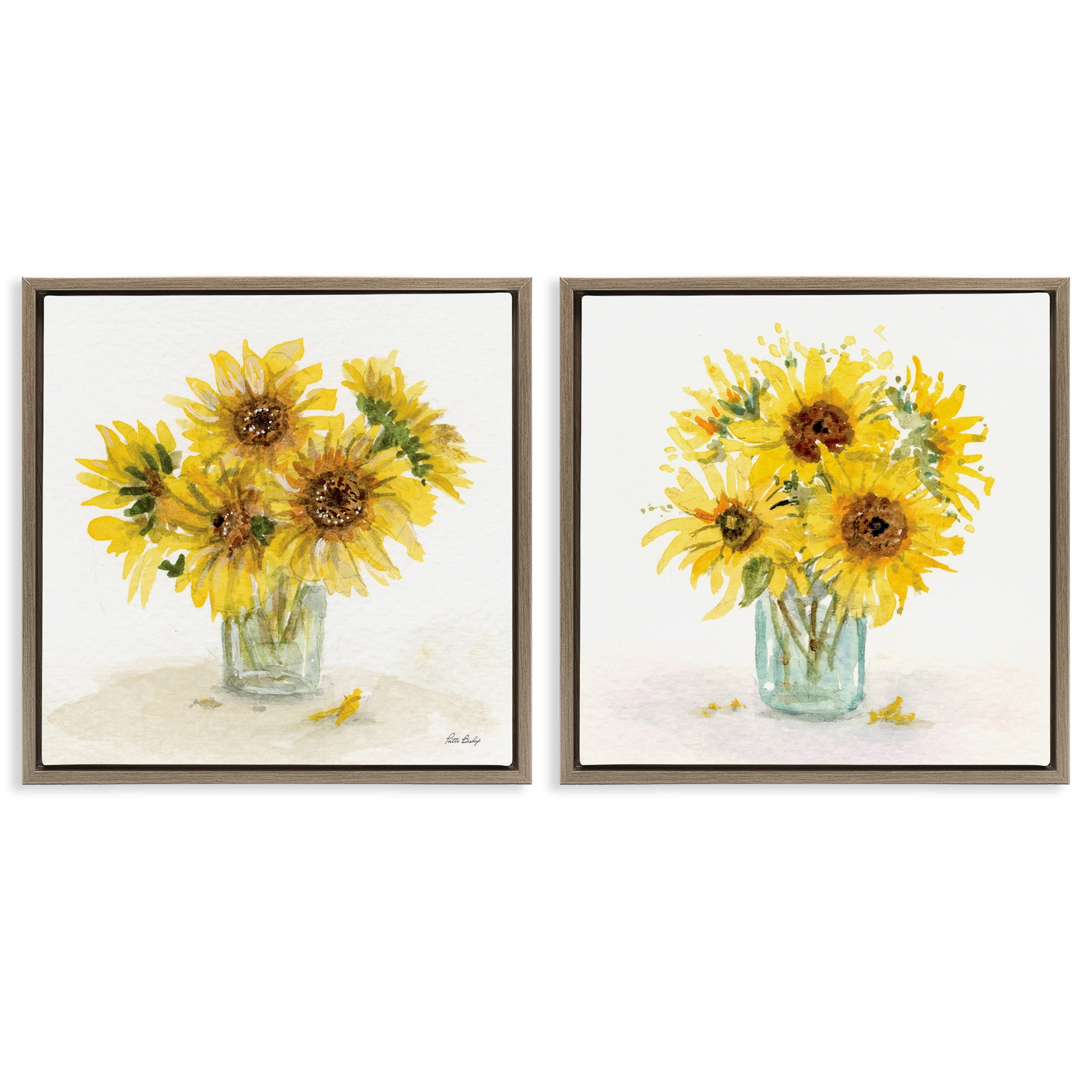 Stupell Industries Sunflower Bouquet Jar Plants & Flowers Painting Brown Floater Framed Canvas Art Print Wall Art, 25 x 25, Set of 2
