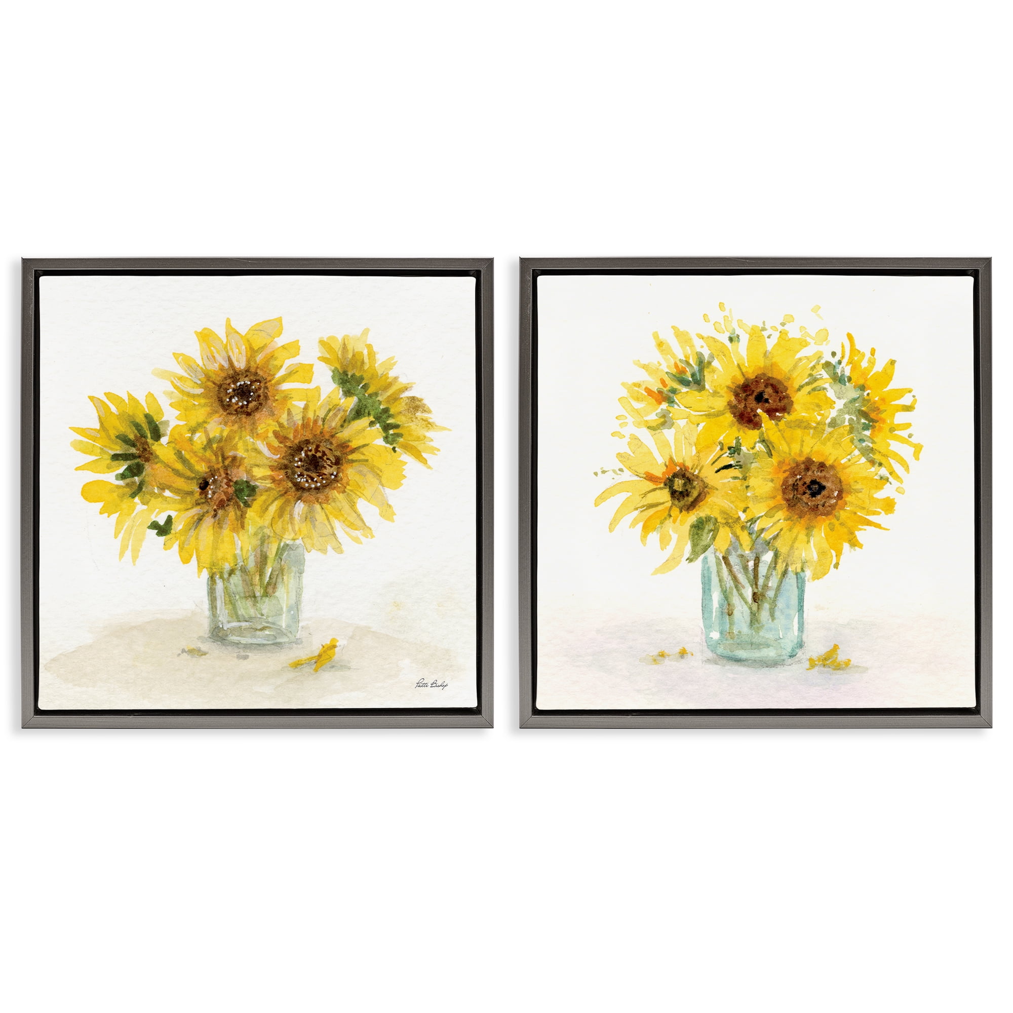 Stupell Industries Sunflower Bouquet Jar Plants & Flowers Painting Gray Floater Framed Canvas Art Print Wall Art, 18 x 18, Set of 2