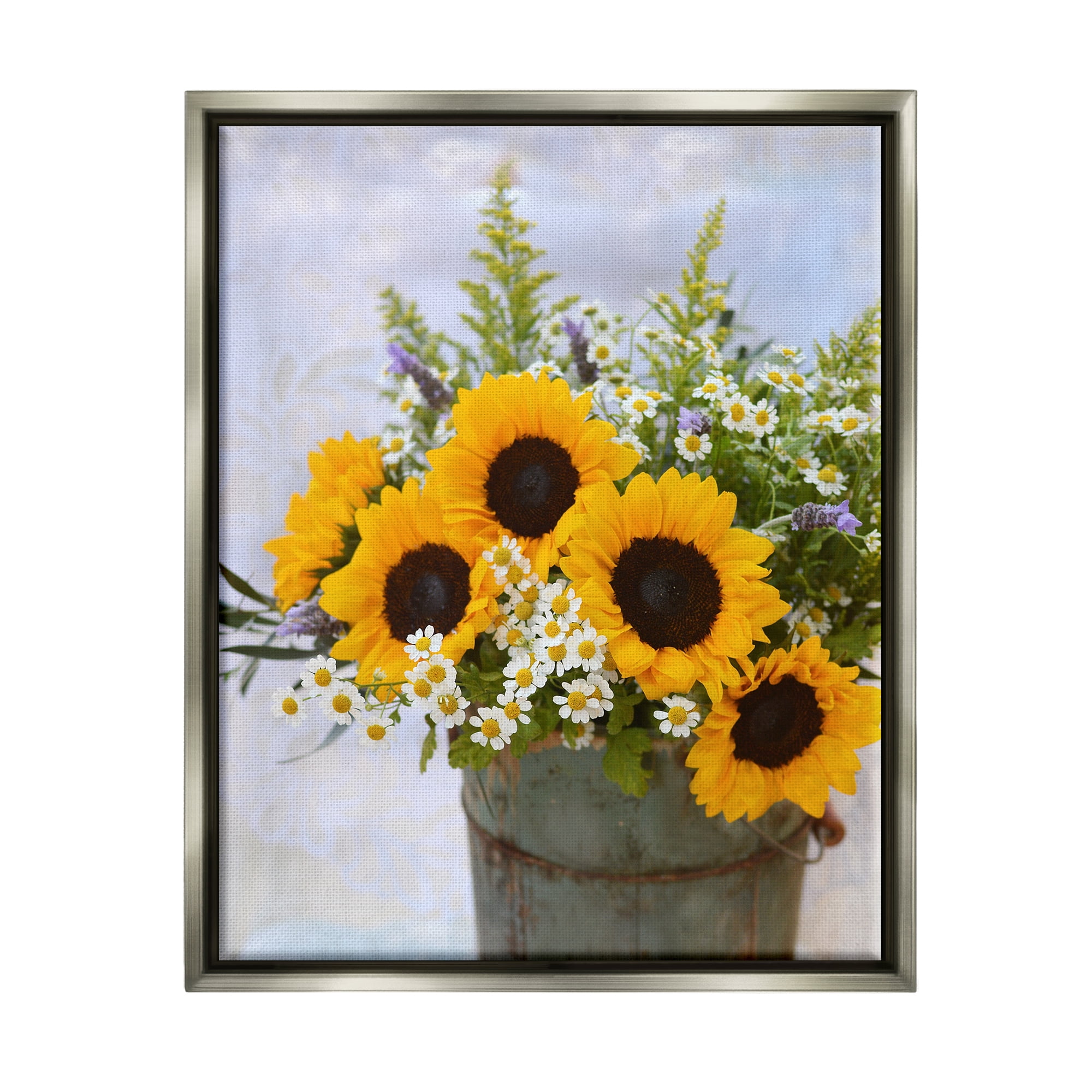 Stupell Industries Sunflower Bouquet in Tin Botanical & Floral Photography Gray Floater Framed Canvas Art Print Wall Art, 25 x 31