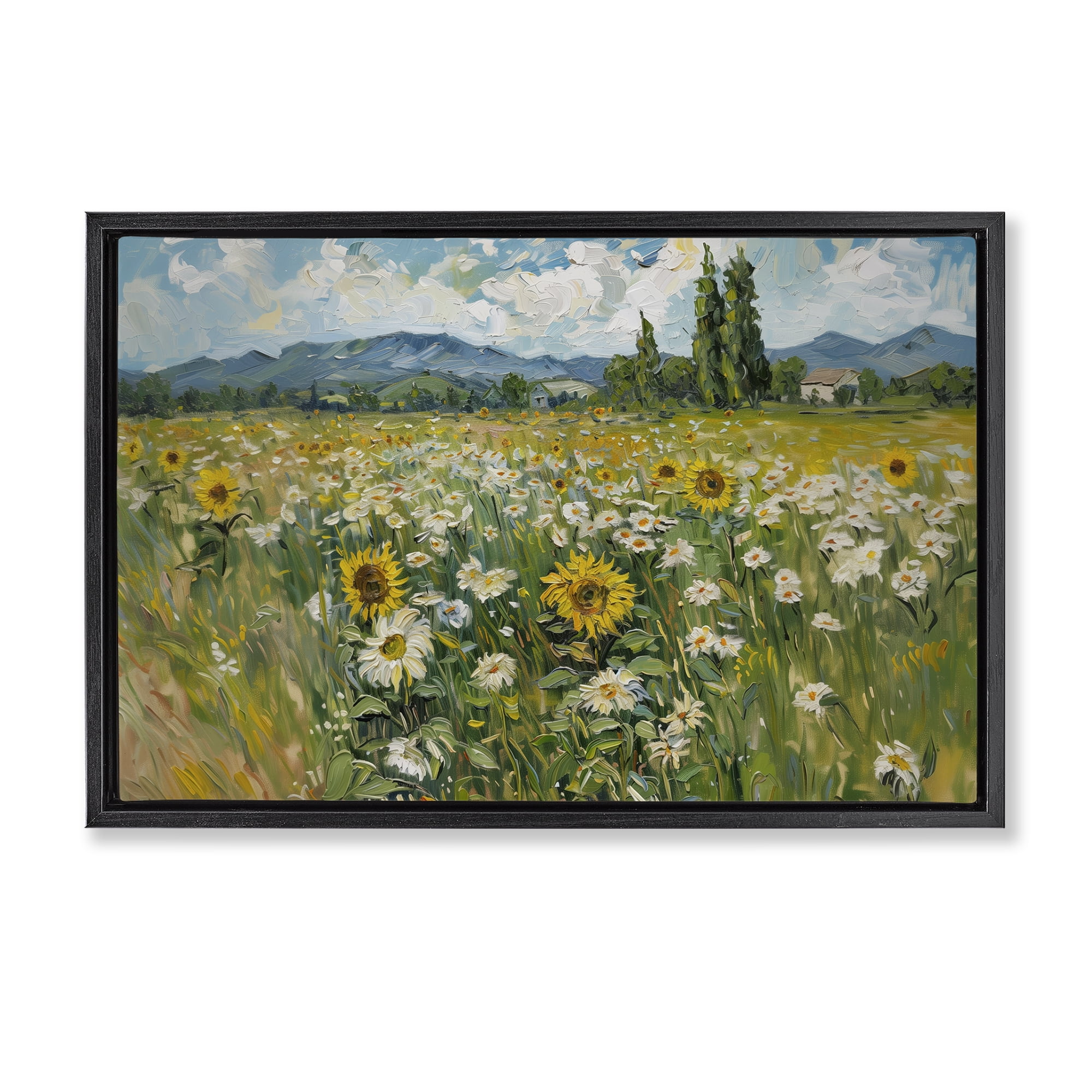 Stupell Industries Sunflower & Daisy Meadow Landscape & Nature Painting Black Floater Framed Canvas Art Print Wall Art, 31 x 21