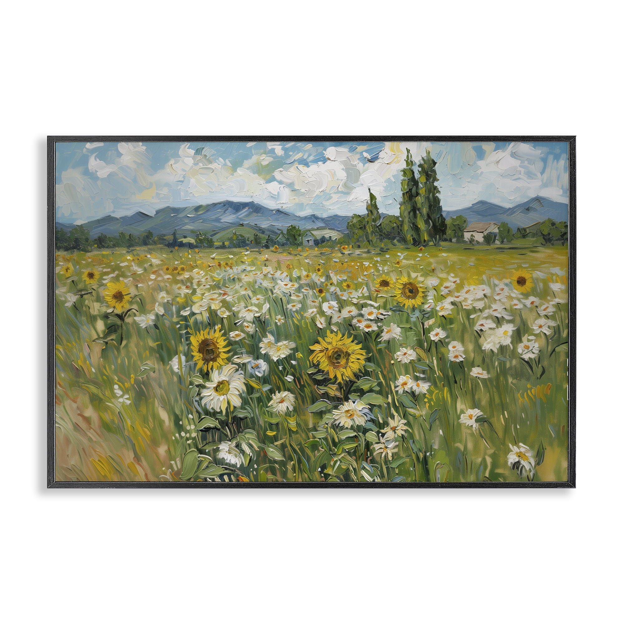 Stupell Industries Sunflower & Daisy Meadow Landscape & Nature Painting Black Framed Art Print Wall Art, 18 x 12