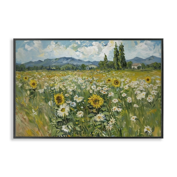 Stupell Industries Sunflower & Daisy Meadow Landscape & Nature Painting Black Framed Art Print Wall Art, 18 x 12