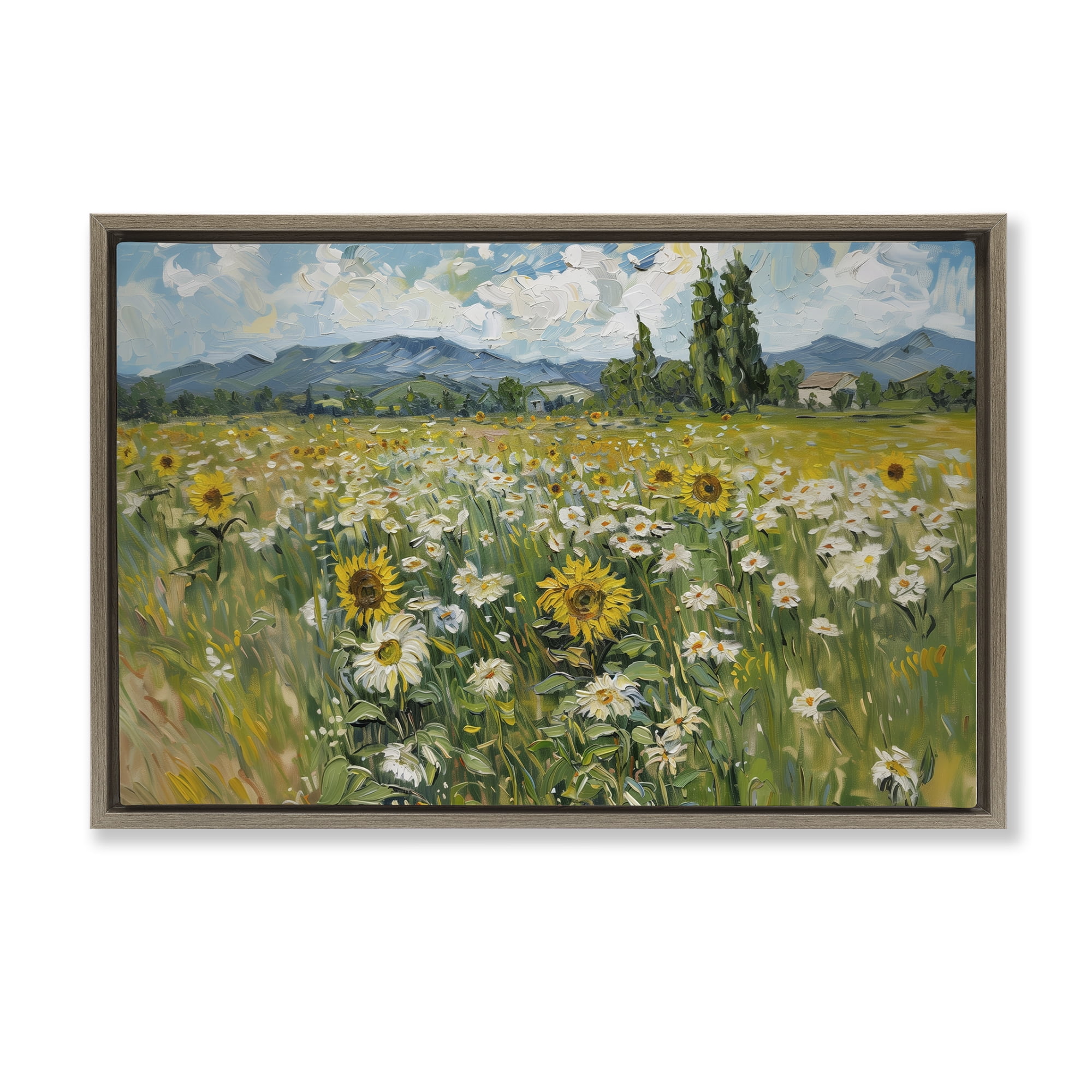 Stupell Industries Sunflower & Daisy Meadow Landscape & Nature Painting Brown Floater Framed Canvas Art Print Wall Art, 25 x 17