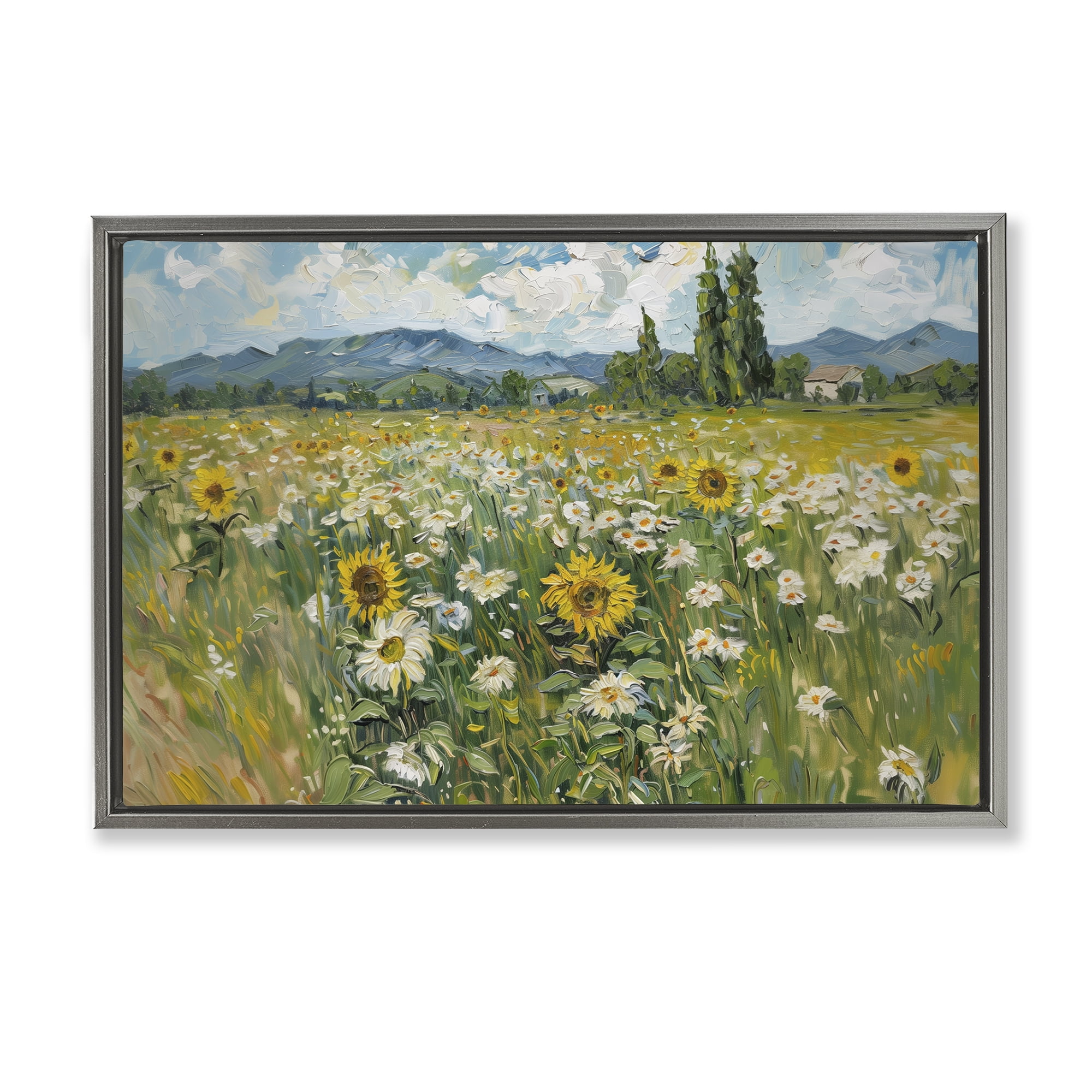 Stupell Industries Sunflower & Daisy Meadow Landscape & Nature Painting Gray Floater Framed Canvas Art Print Wall Art, 31 x 21