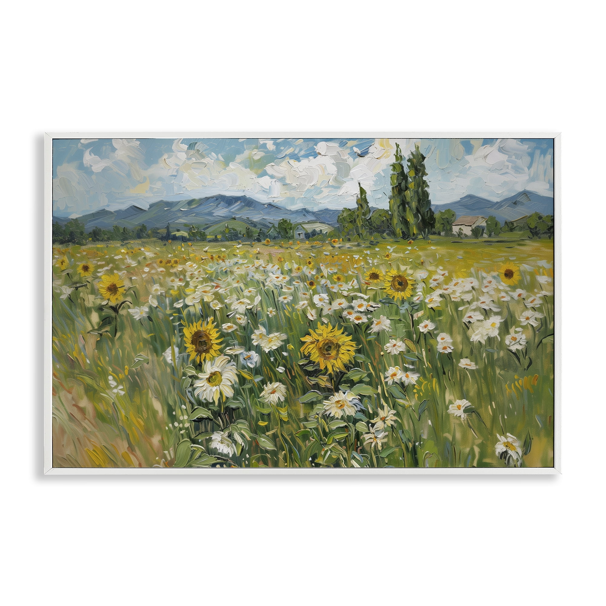 Stupell Industries Sunflower & Daisy Meadow Landscape & Nature Painting White Framed Art Print Wall Art, 24 x 16
