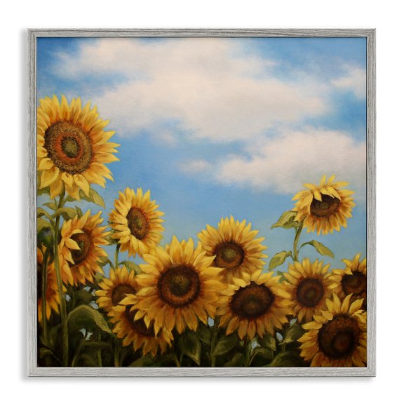 Stupell Industries Sunflower Dance Field Painting Floral Painting Gray Framed Art Print Wall Art, 17 x 17