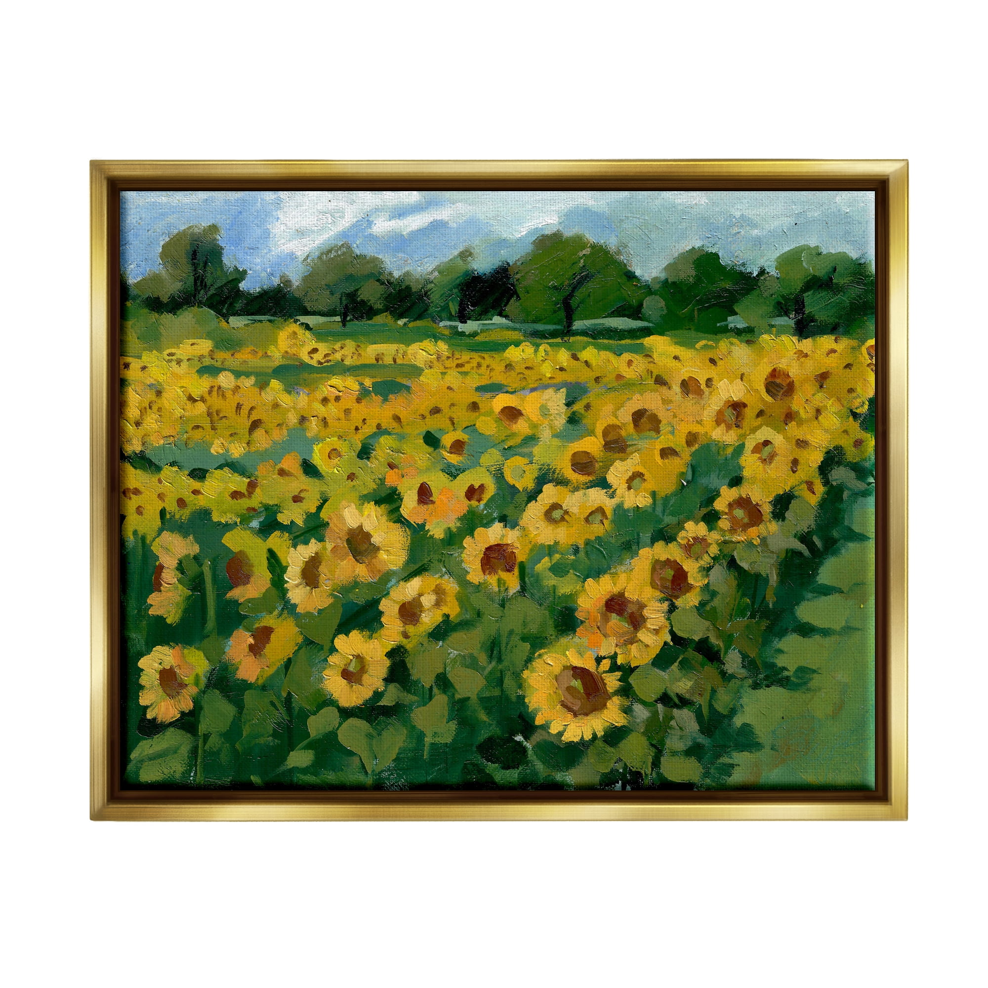 Stupell Industries Sunflower Farm Painting Botanical & Floral Painting Gold Floater Framed Canvas Art Print Wall Art, 21 x 17