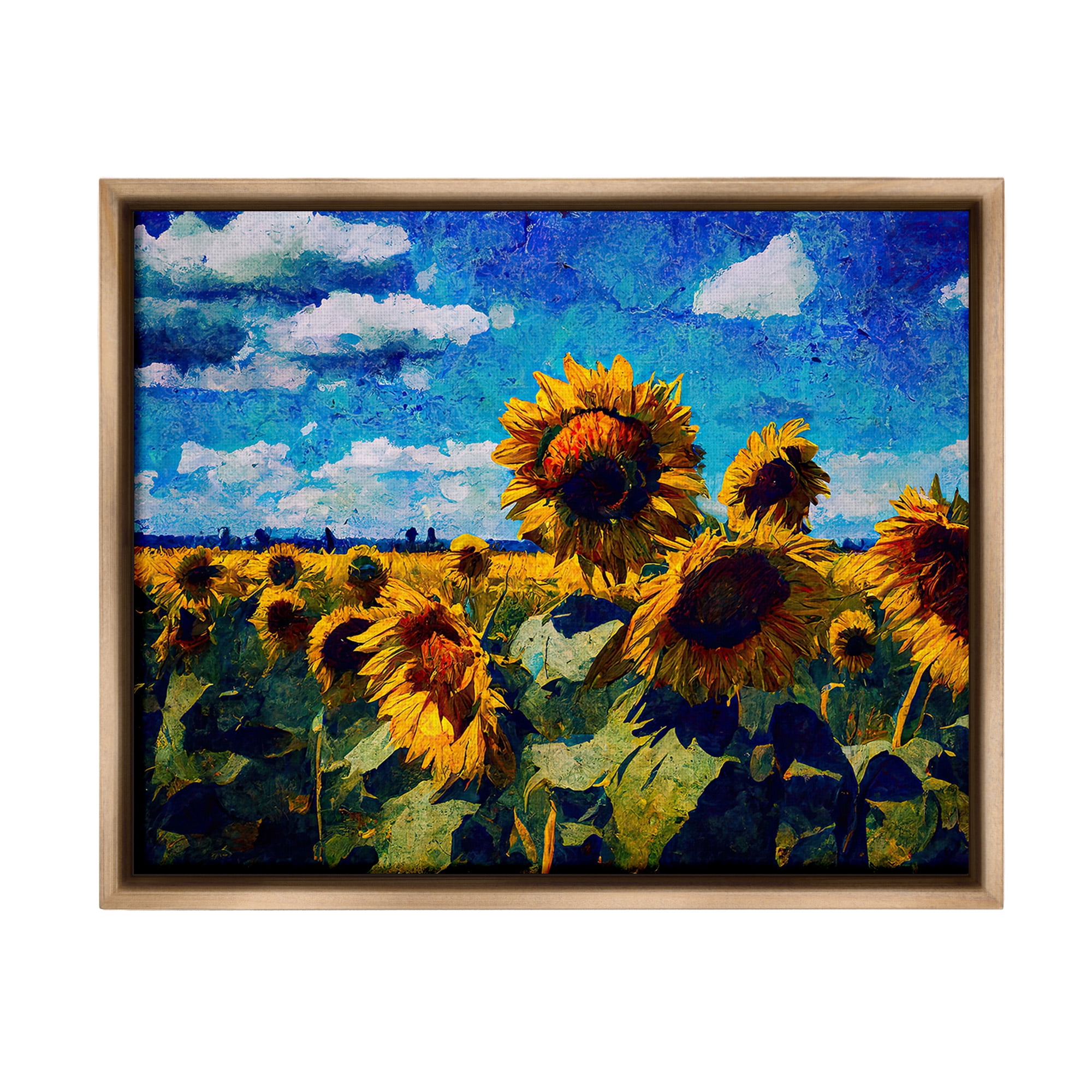 Stupell Industries Sunflower Field & Clouds Landscape Painting Brown Floater Framed Canvas Art Print Wall Art, 31 x 25