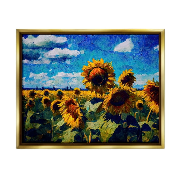 Stupell Industries Sunflower Field & Clouds Landscape Painting Gold Floater Framed Canvas Art Print Wall Art, 21 x 17