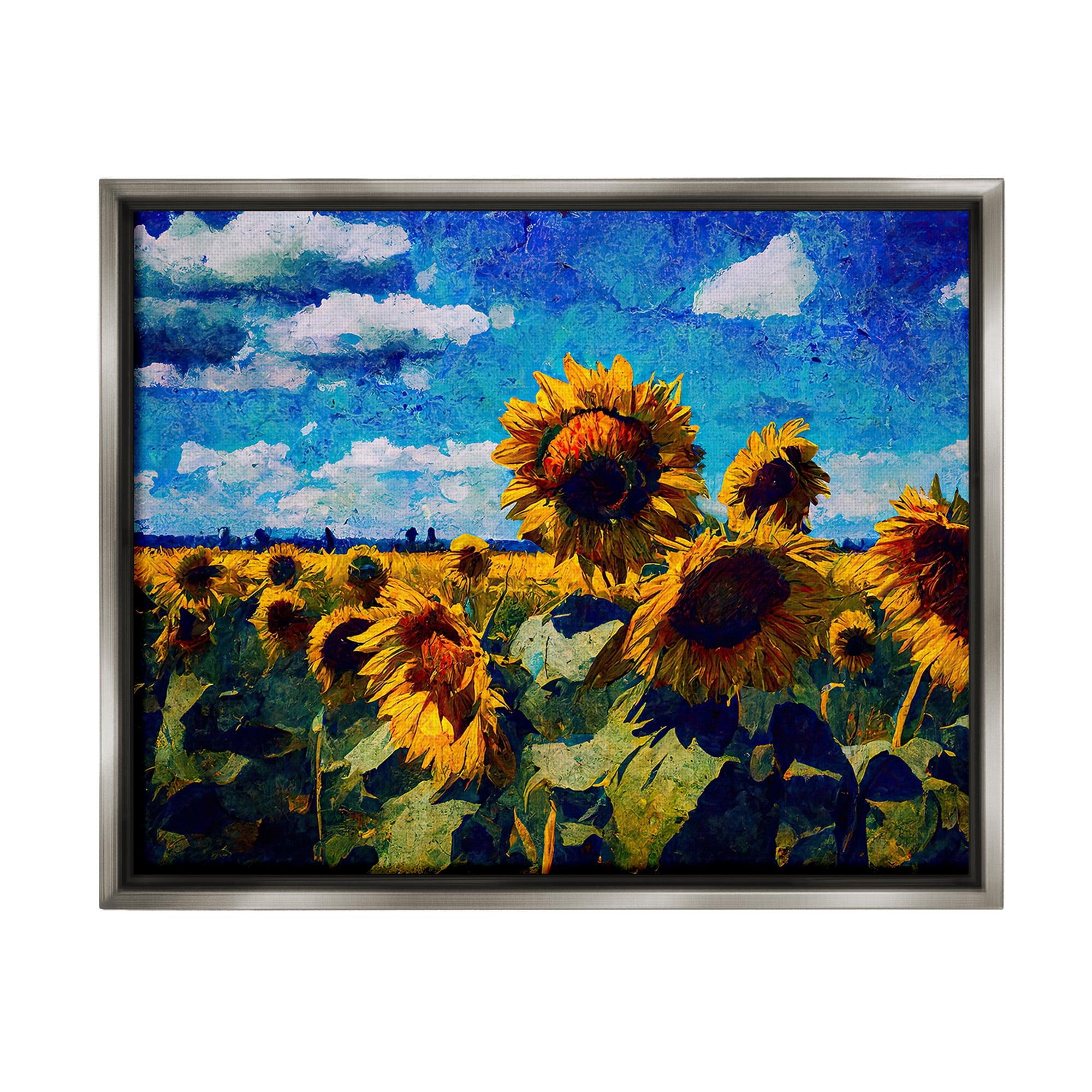 Stupell Industries Sunflower Field & Clouds Landscape Painting Gray Floater Framed Canvas Art Print Wall Art, 21 x 17