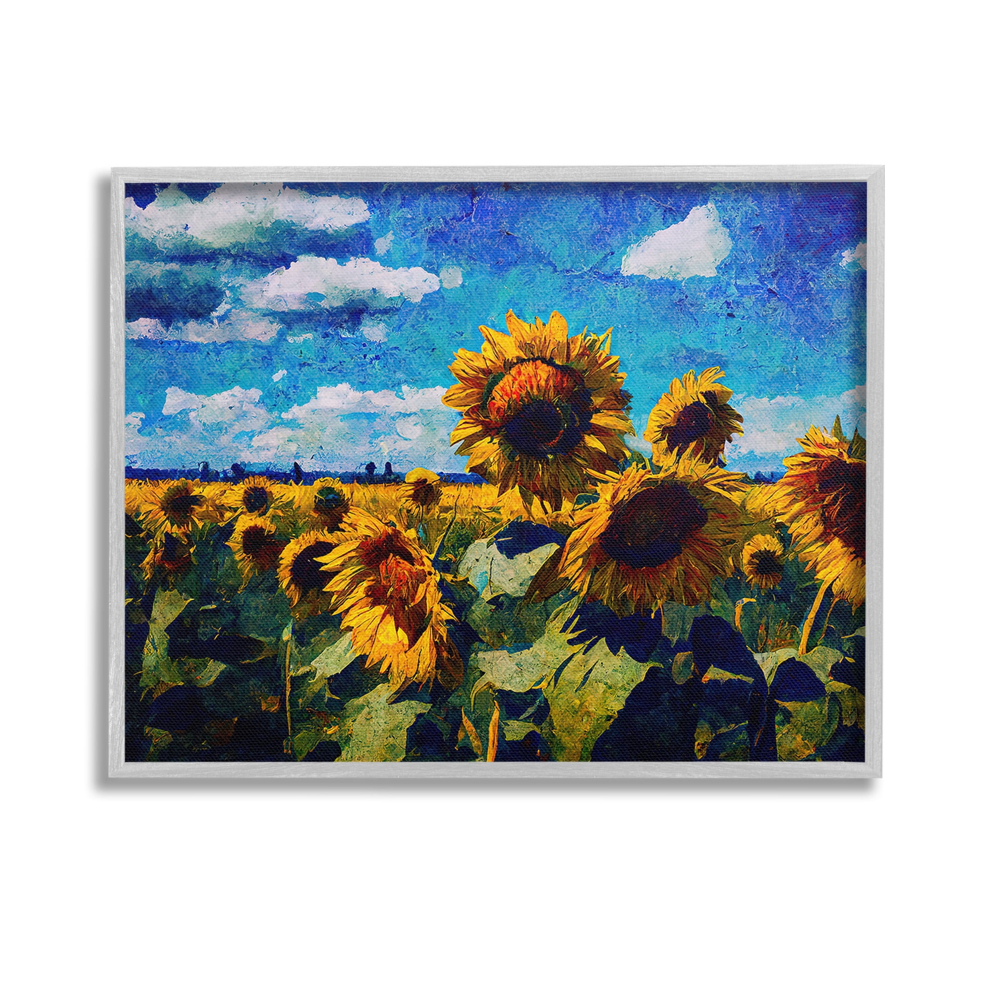 Stupell Industries Sunflower Field & Clouds Landscape Painting Gray Framed Art Print Wall Art, 14 x 11