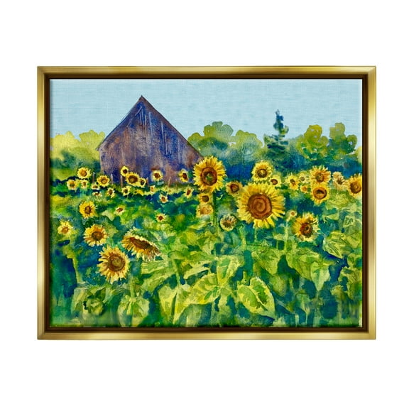 Stupell Industries Sunflower Field Painting Nature Painting Gold Floater Framed Art Print Wall Art, 21 x 17