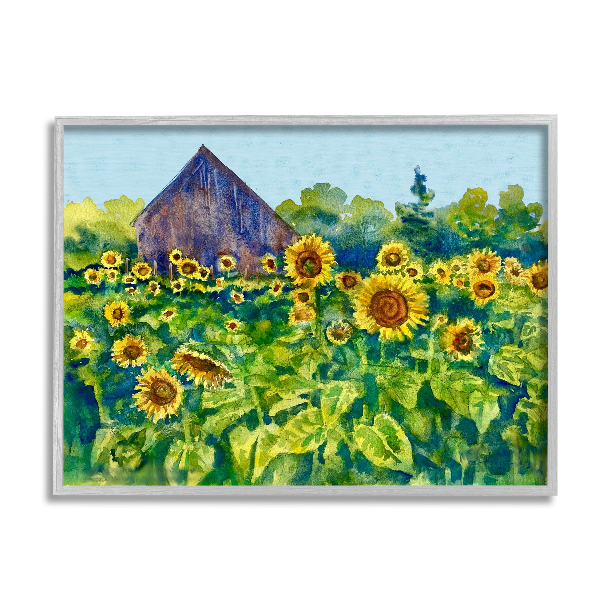 Stupell Industries Sunflower Field Painting Nature Painting Gray Framed Art Print Wall Art, 30 x 24