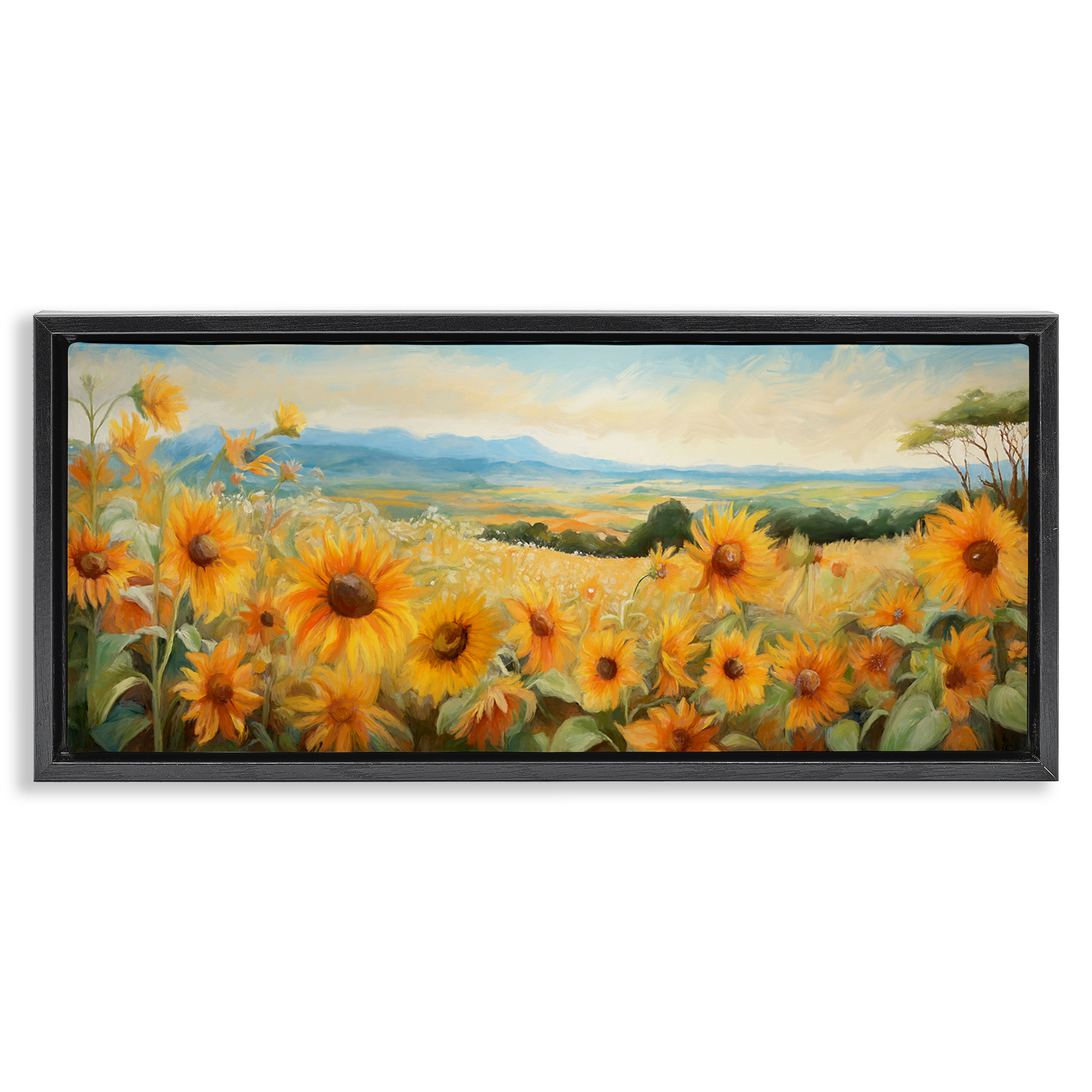 Stupell Industries Sunflower Fields Panorama Landscape & Nature Painting Black Floater Framed Canvas Art Print Wall Art, 25 x 11