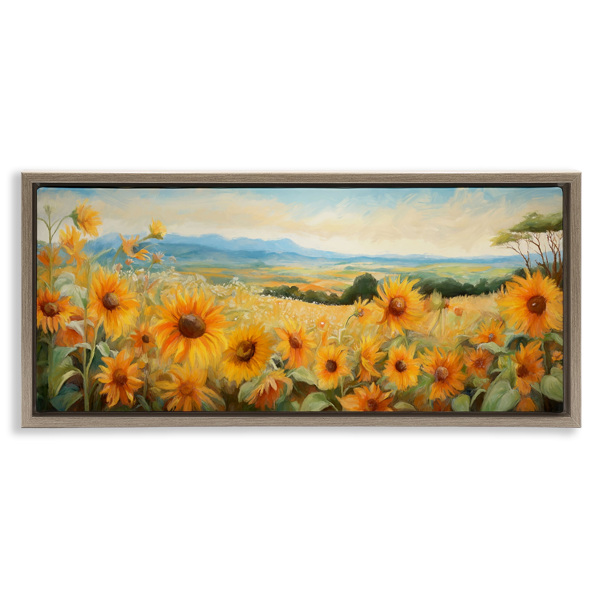 Stupell Industries Sunflower Fields Panorama Landscape & Nature Painting Brown Floater Framed Canvas Art Print Wall Art, 31 x 14