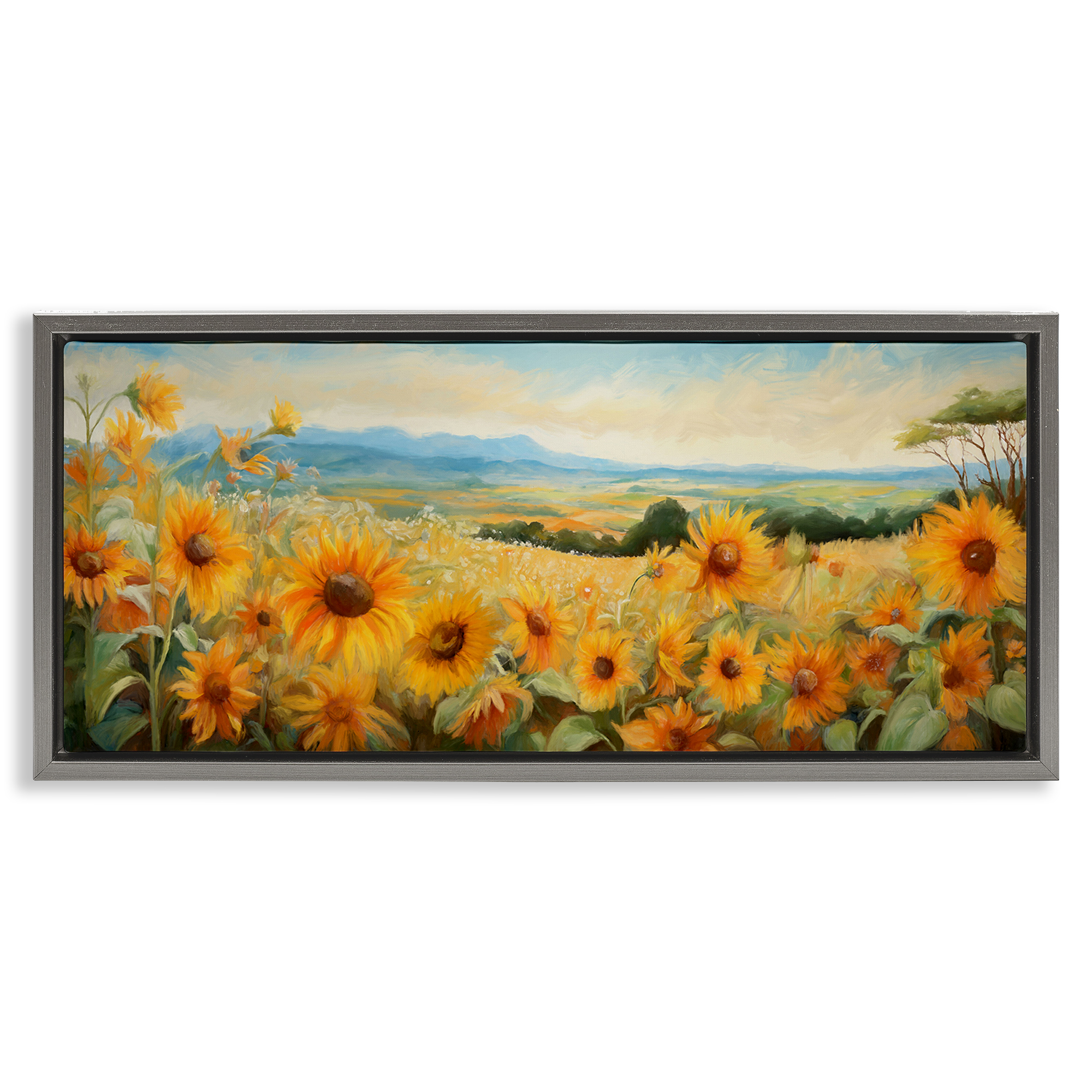 Stupell Industries Sunflower Fields Panorama Landscape & Nature Painting Gray Floater Framed Canvas Art Print Wall Art, 31 x 14