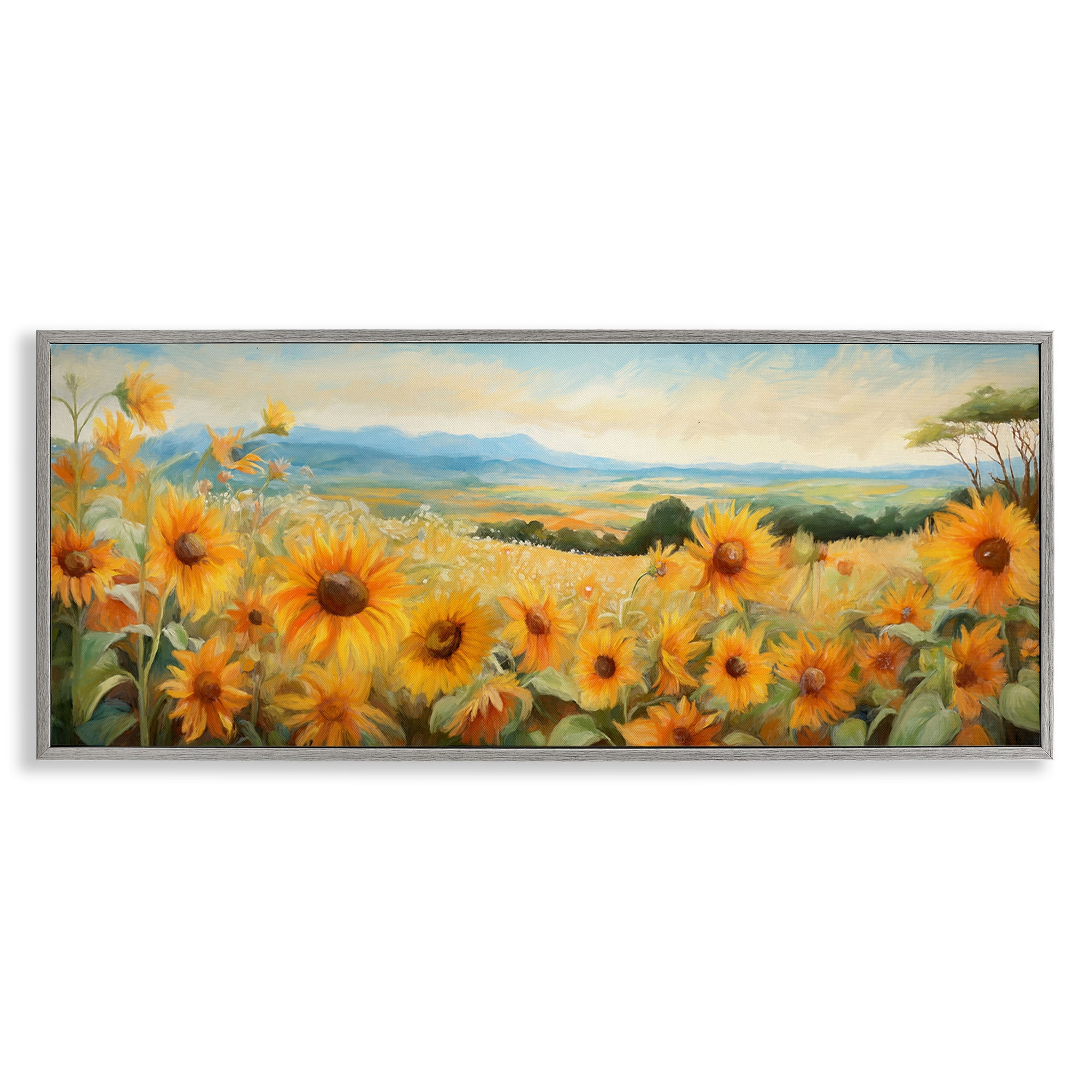 Stupell Industries Sunflower Fields Panorama Landscape & Nature Painting Gray Framed Art Print Wall Art, 24 x 10
