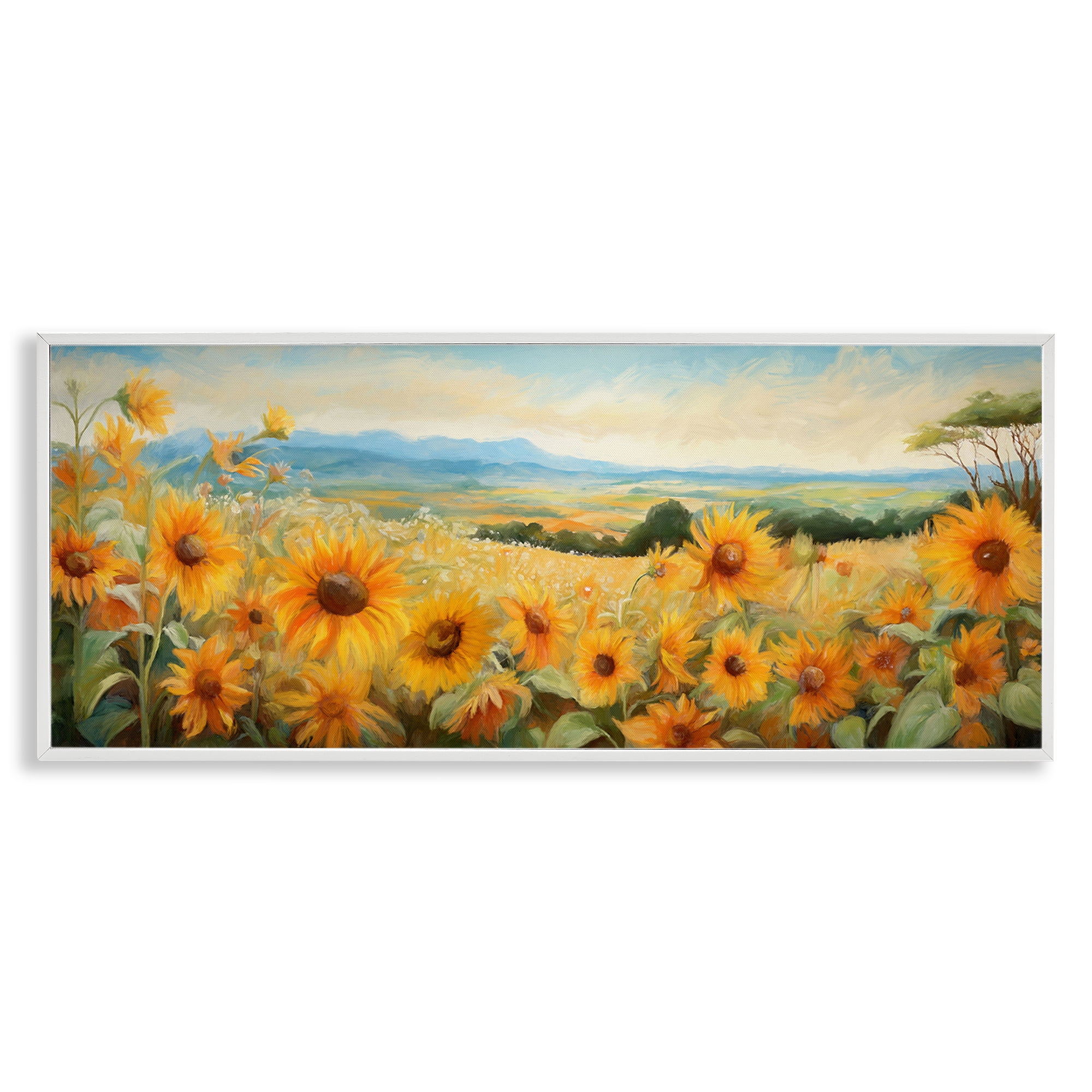 Stupell Industries Sunflower Fields Panorama Landscape & Nature Painting White Framed Art Print Wall Art, 30 x 13