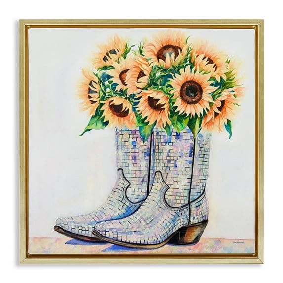 Stupell Industries Sunflower Filled Cowgirl Boots Floral Painting Gold Floater Framed Canvas Art Print Wall Art, 25 x 25