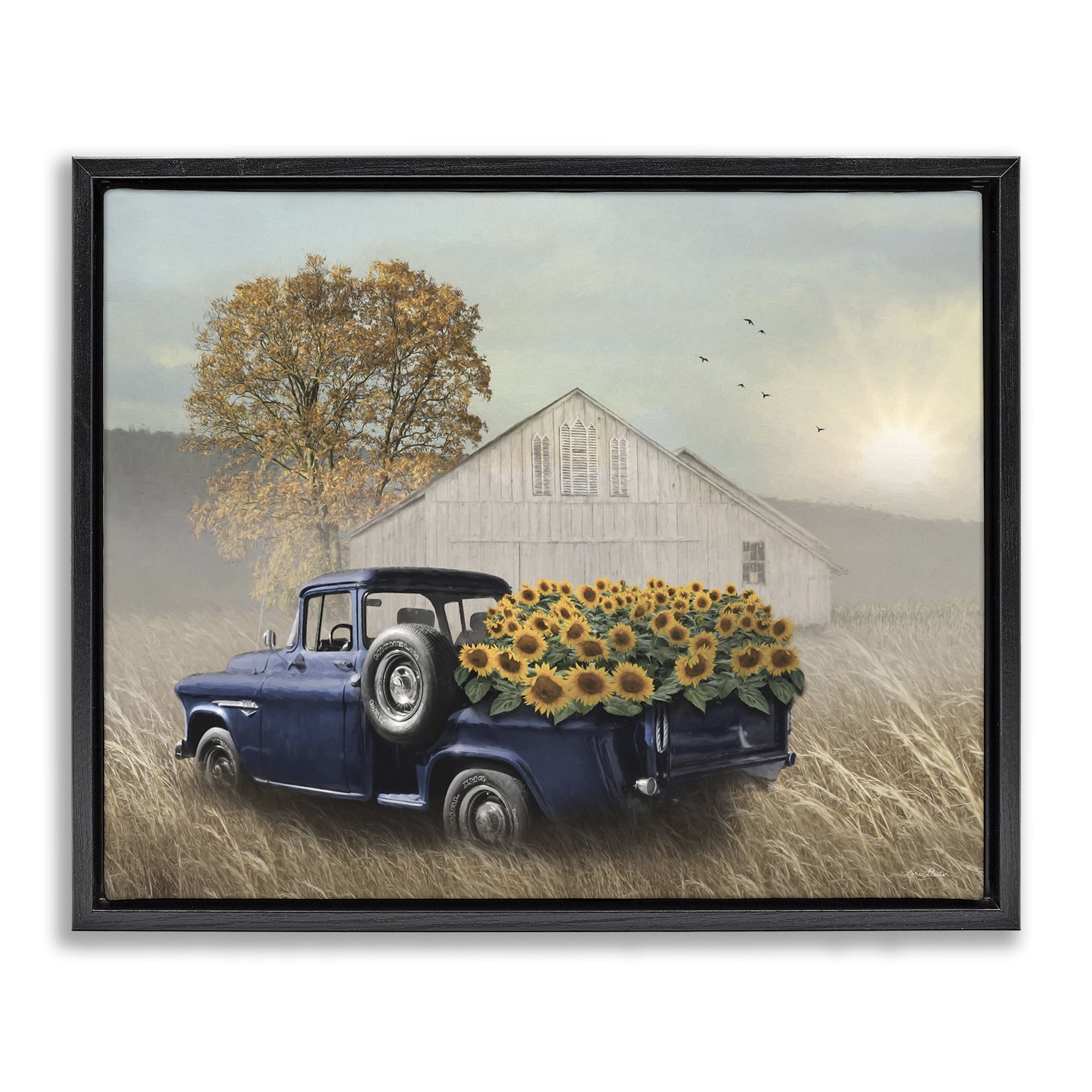 Stupell Industries Sunflower Filled Truck Transportation Painting Black Floater Framed Canvas Art Print Wall Art, 31 x 25