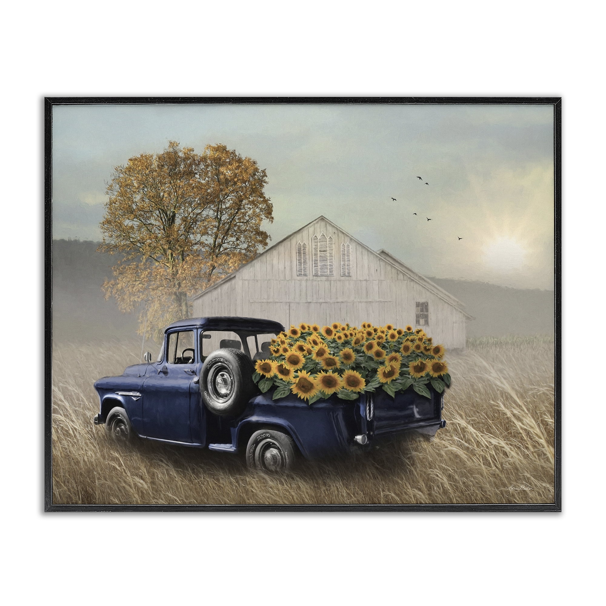 Stupell Industries Sunflower Filled Truck Transportation Painting Black Framed Art Print Wall Art, 20 x 16