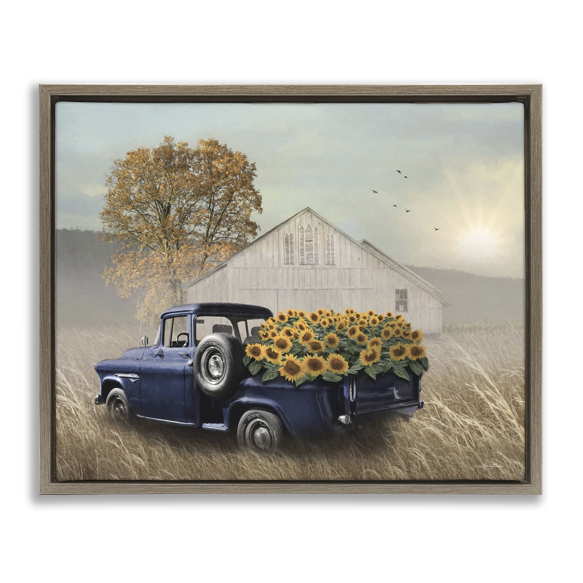 Stupell Industries Sunflower Filled Truck Transportation Painting Brown Floater Framed Canvas Art Print Wall Art, 21 x 17