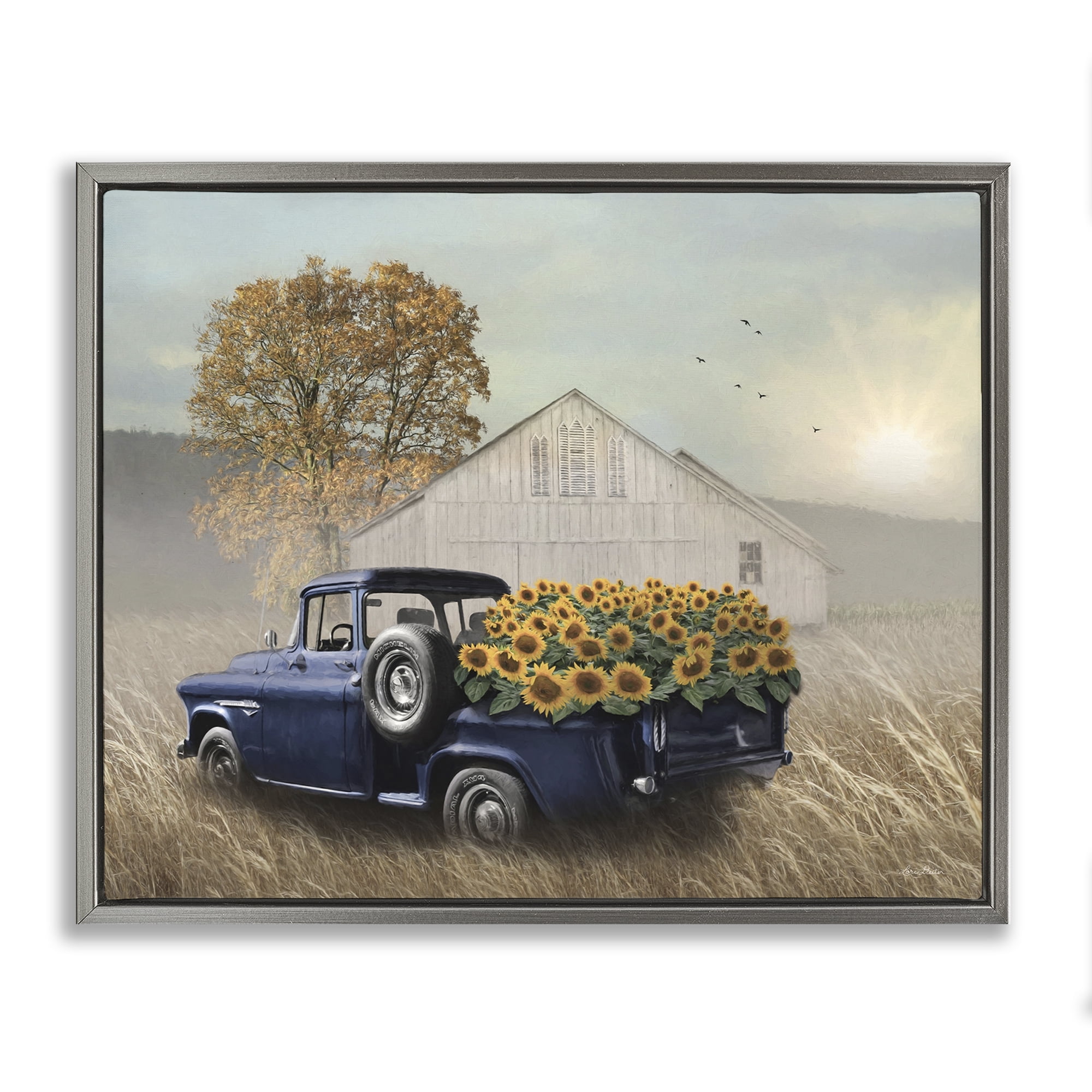 Stupell Industries Sunflower Filled Truck Transportation Painting Gray Floater Framed Canvas Art Print Wall Art, 21 x 17