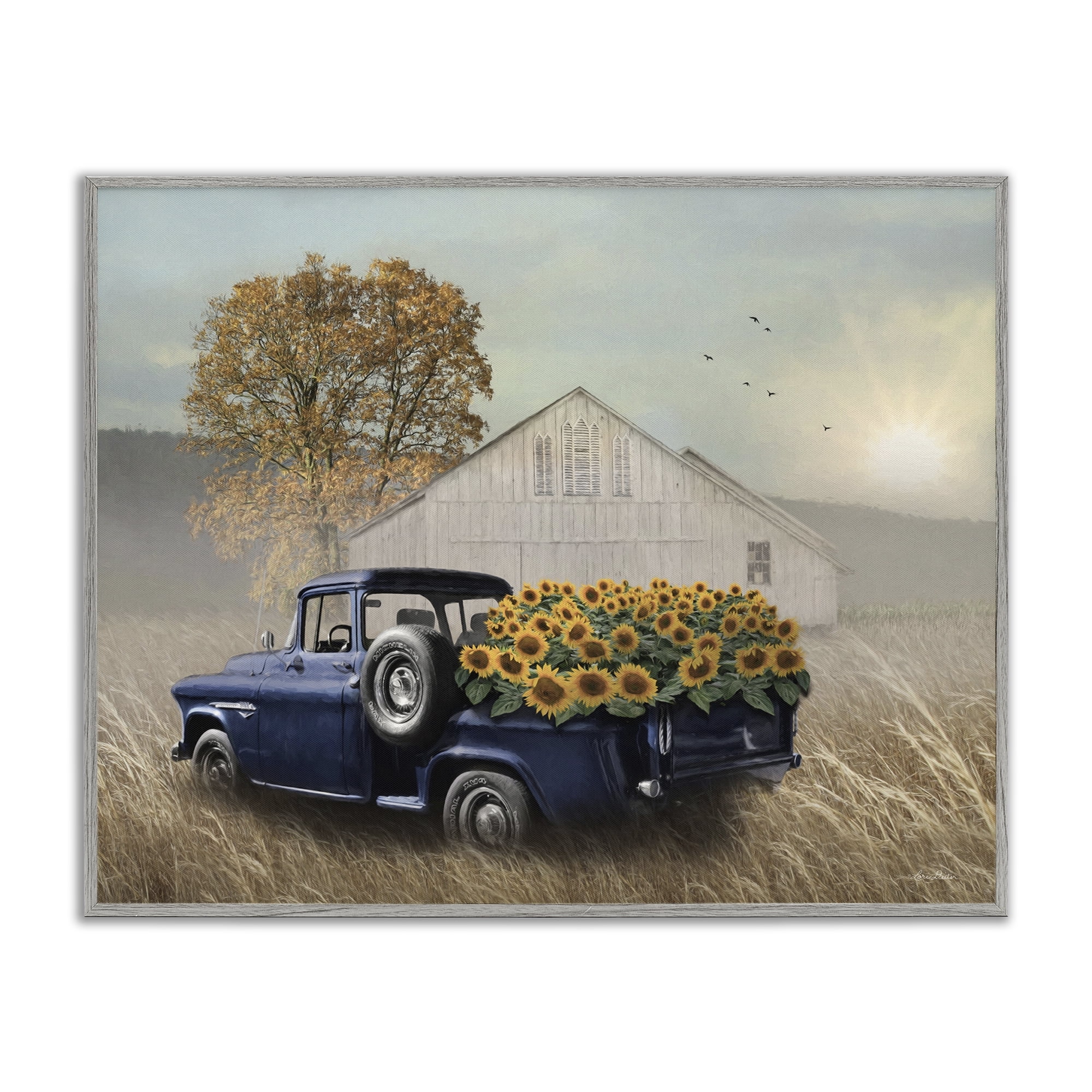Stupell Industries Sunflower Filled Truck Transportation Painting Gray Framed Art Print Wall Art, 30 x 24