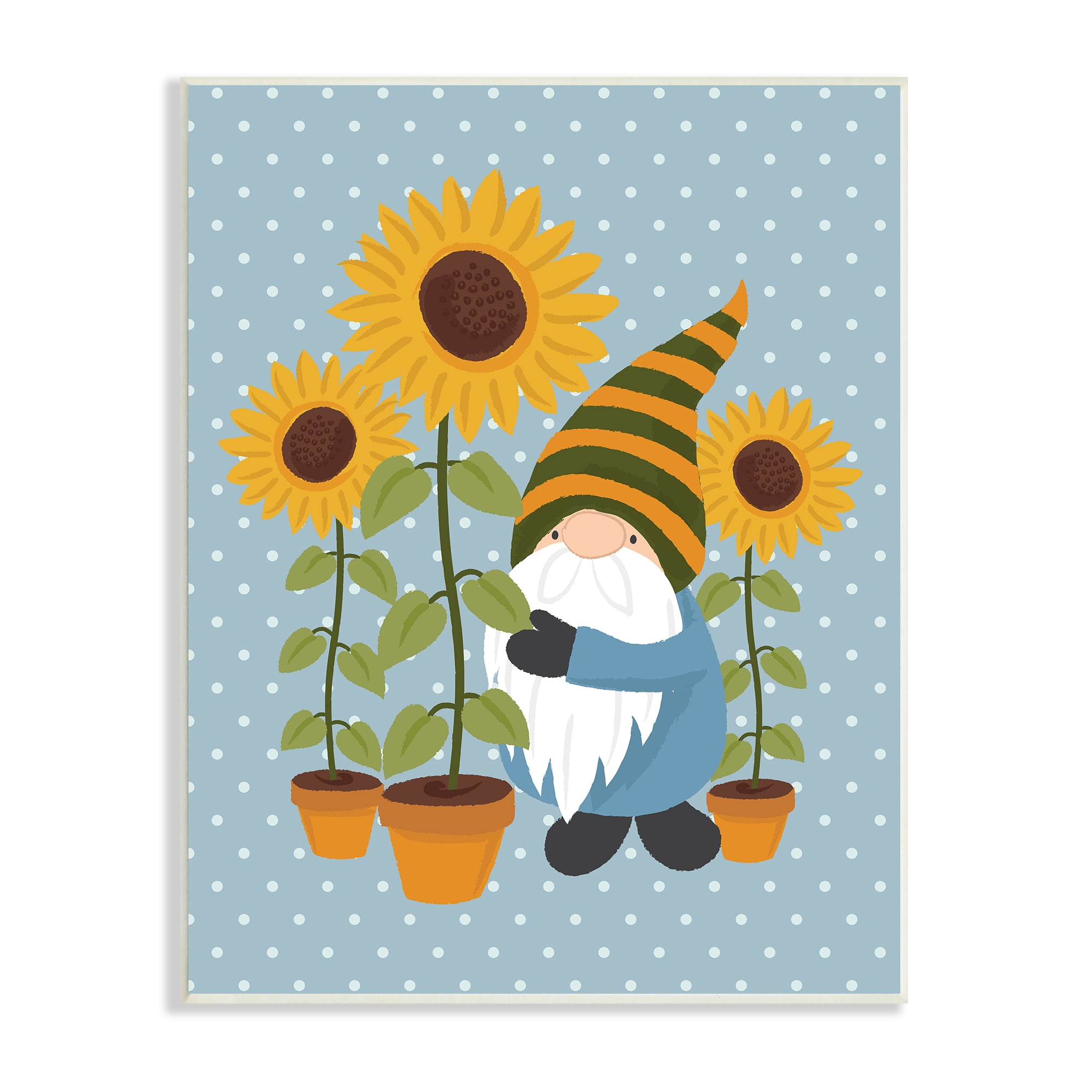 Stupell Industries Sunflower Garden Gnome Striped Hat Blue Polka Dots, 10 x 15, Designed by Lisa Whitebutton