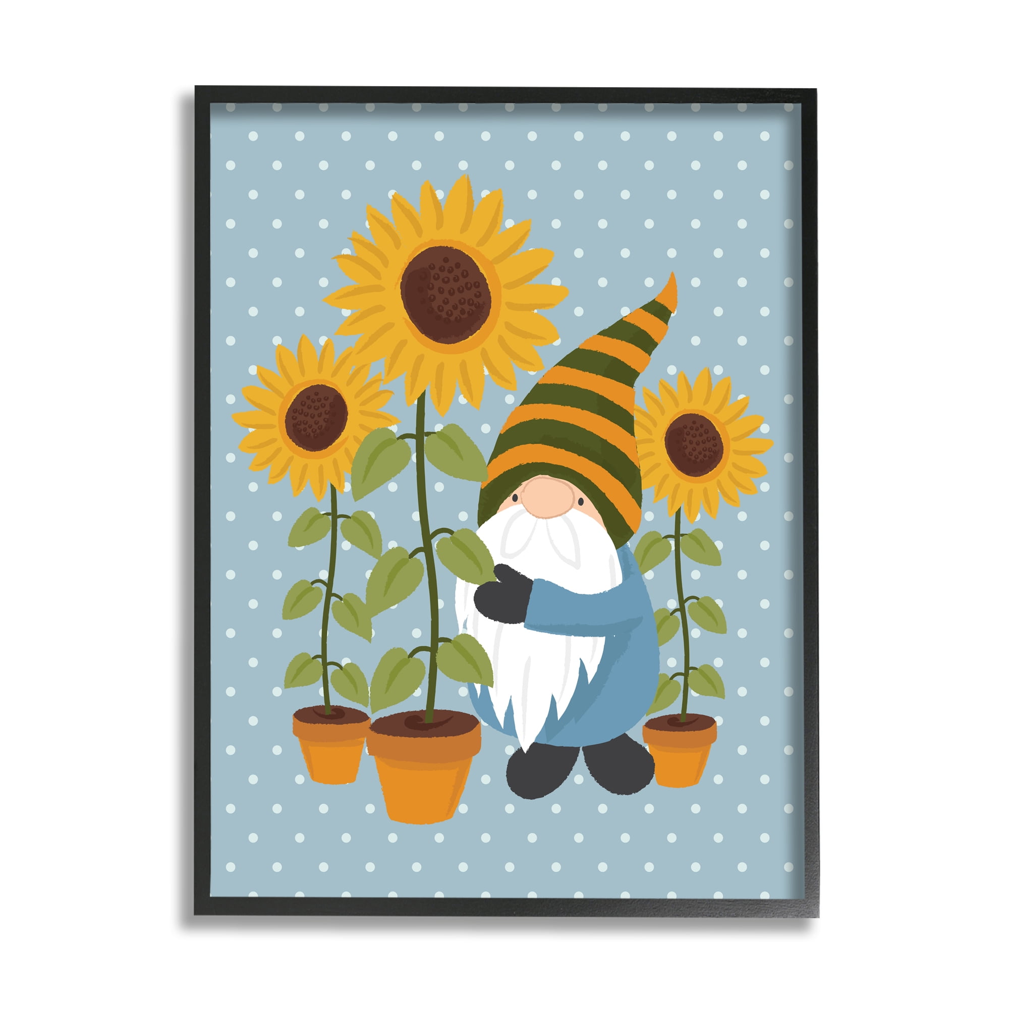 Stupell Industries Sunflower Garden Gnome Striped Hat Blue Polka Dots Country Painting Black Framed Art Print Wall Art, 11 x 14, Design by Lisa Whitebutton