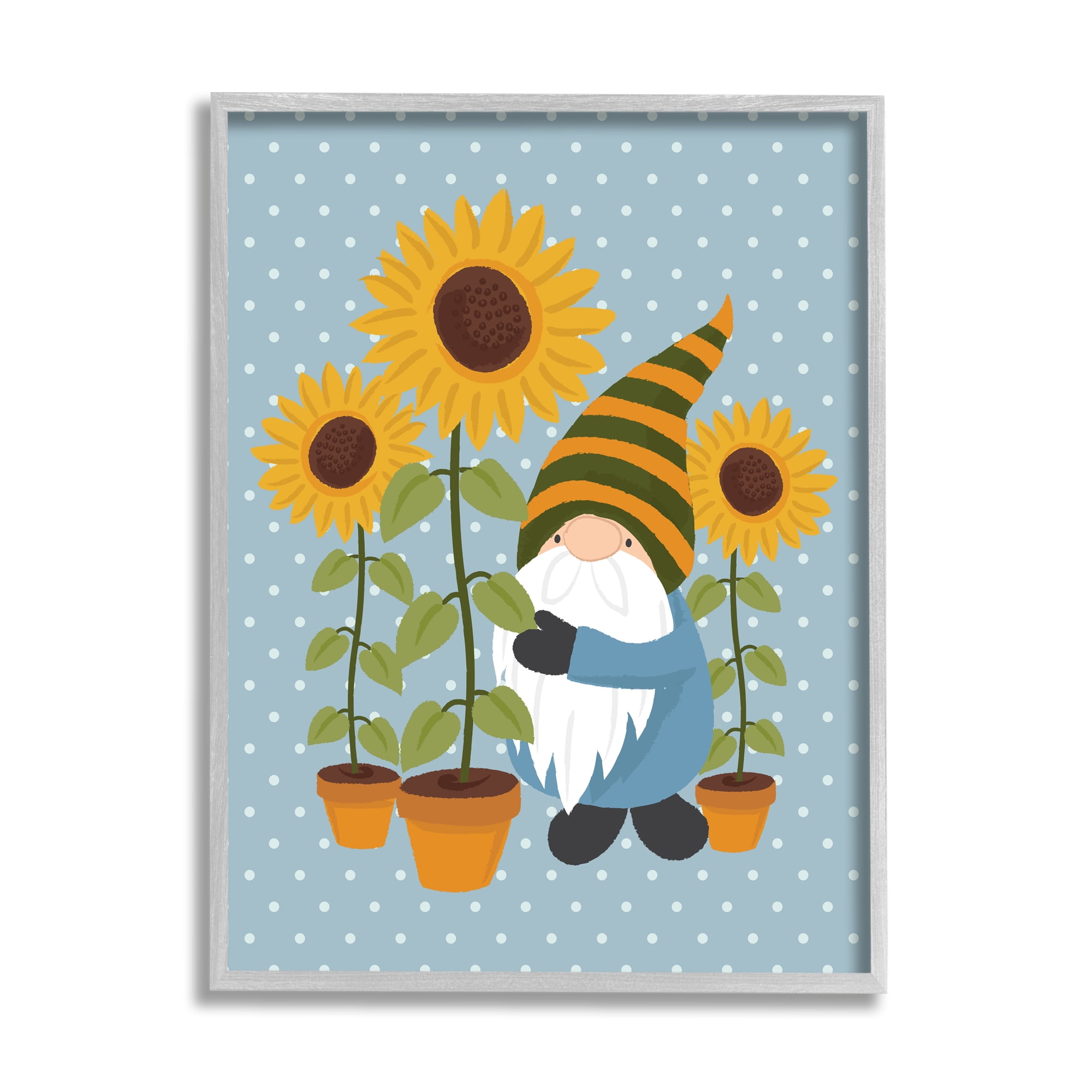 Stupell Industries Sunflower Garden Gnome Striped Hat Blue Polka Dots Country Painting Gray Framed Art Print Wall Art, 16 x 20, Design by Lisa Whitebutton