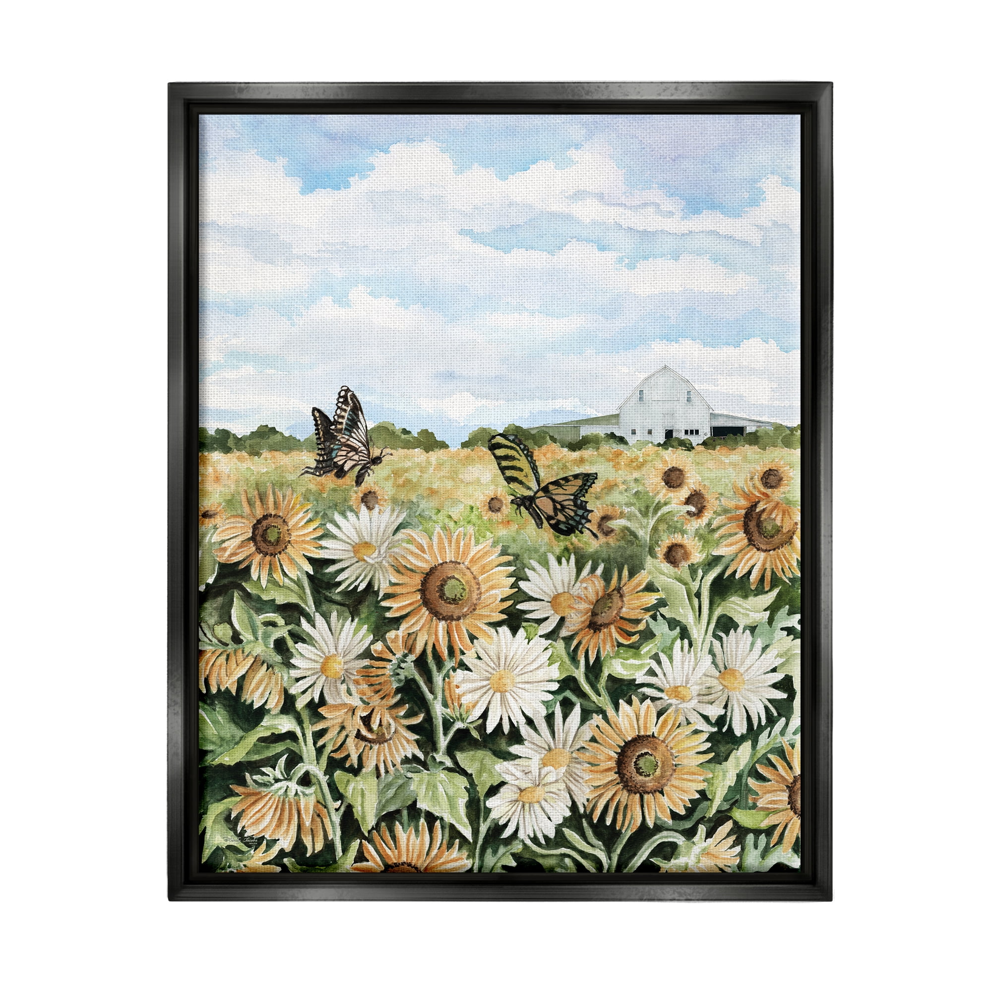 Stupell Industries Sunflower Garden with Butterflies Landscape Painting Black Floater Framed Canvas Art Print Wall Art, 25 x 31